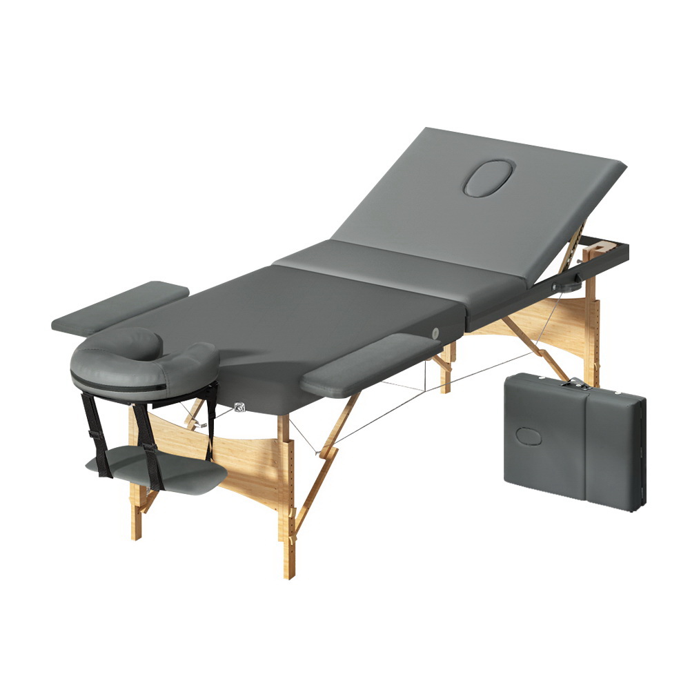 Zenses Massage Table 75cm Portable 3 Fold Wooden Beauty Bed Grey - Image 7