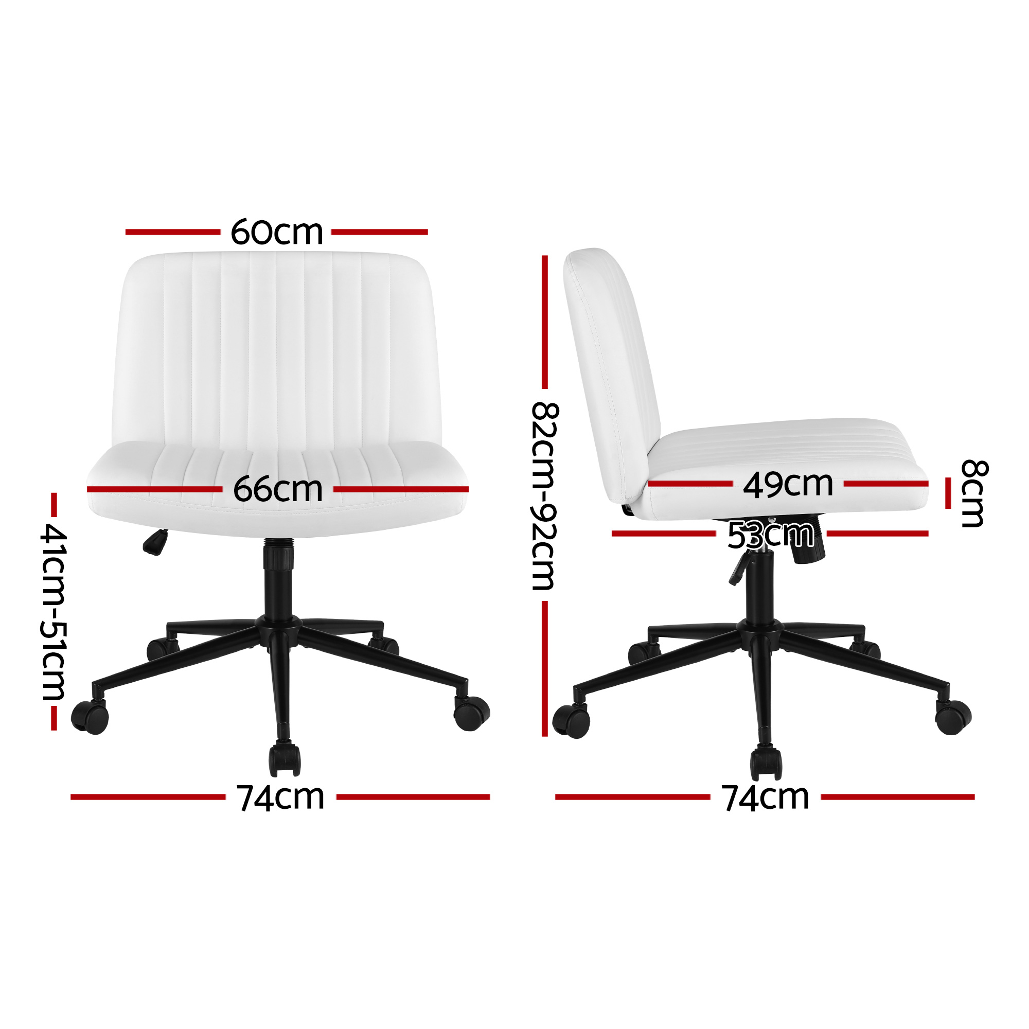 Artiss Criss Cross Chair with Wheels Wide Cross Legged Office Desk Vanity Chair PU Leather, Armless Height Adjustable Swivel Home Office Chair for Home Computer Task, White - Image 2