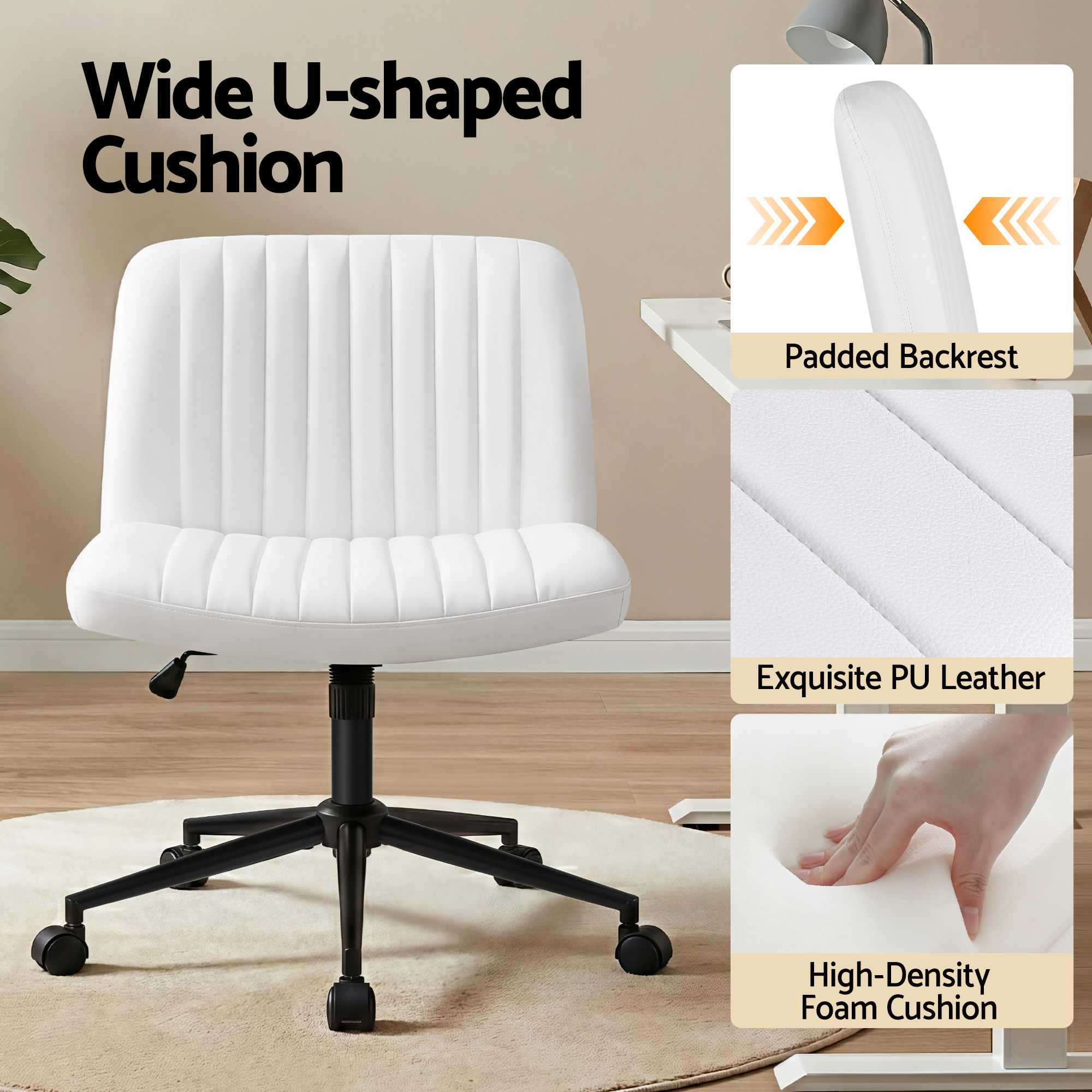 Artiss Criss Cross Chair with Wheels Wide Cross Legged Office Desk Vanity Chair PU Leather, Armless Height Adjustable Swivel Home Office Chair for Home Computer Task, White - Image 4