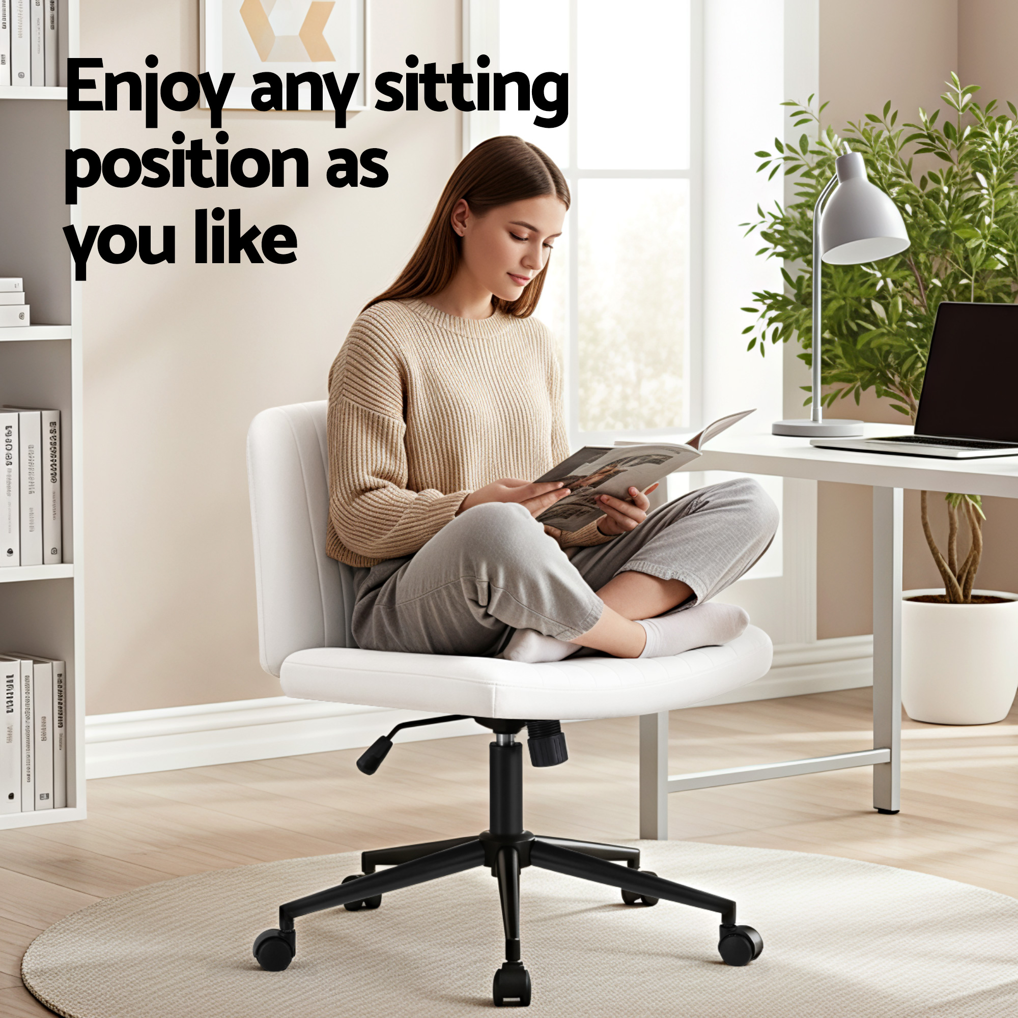 Artiss Criss Cross Chair with Wheels Wide Cross Legged Office Desk Vanity Chair PU Leather, Armless Height Adjustable Swivel Home Office Chair for Home Computer Task, White - Image 5