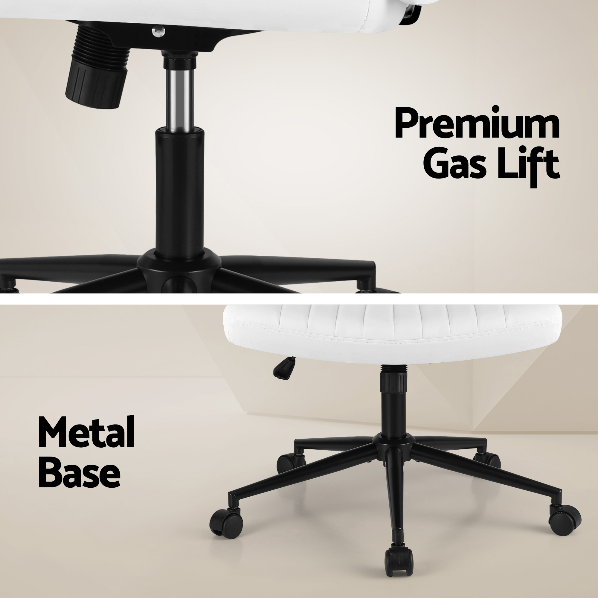 Artiss Criss Cross Chair with Wheels Wide Cross Legged Office Desk Vanity Chair PU Leather, Armless Height Adjustable Swivel Home Office Chair for Home Computer Task, White - Image 8