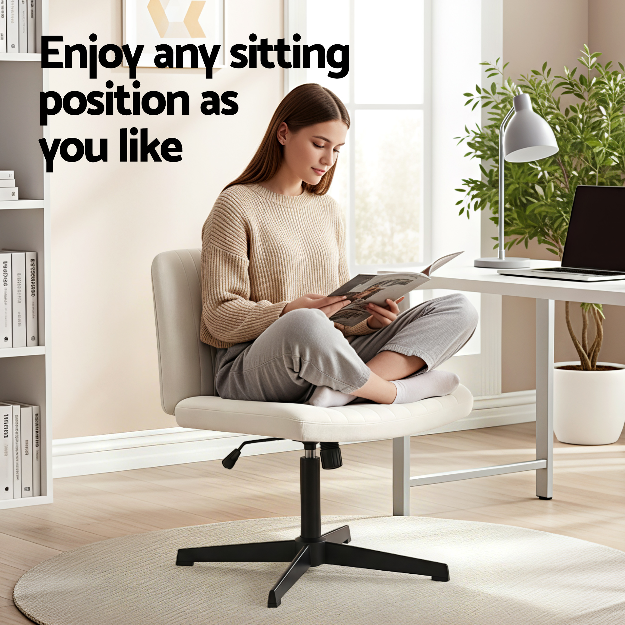 Artiss Criss Cross Chair No Wheels Fabric Wide Cross Legged Office Desk Vanity Chair Armless, Height Adjustable, Swivel Home Office Chair for Home Computer Task, Beige - Image 5