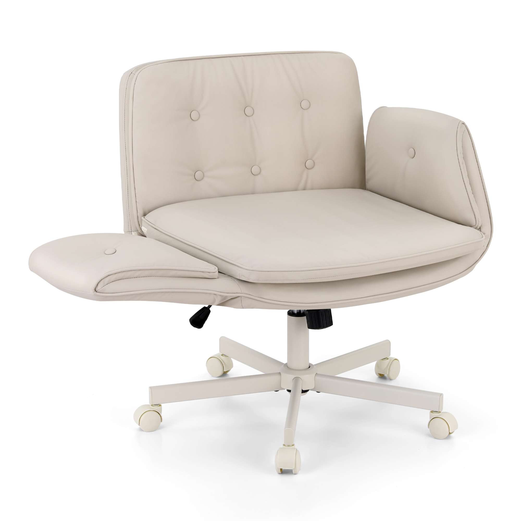 Artiss Criss Cross Chair with Wheels & Adjustable Armrests, Ergonomic Cross Legged Office Desk Chair PU Leather Vanity Chair Swivel for Home, Make Up, Bedroom, Computer, Beige - Image 1