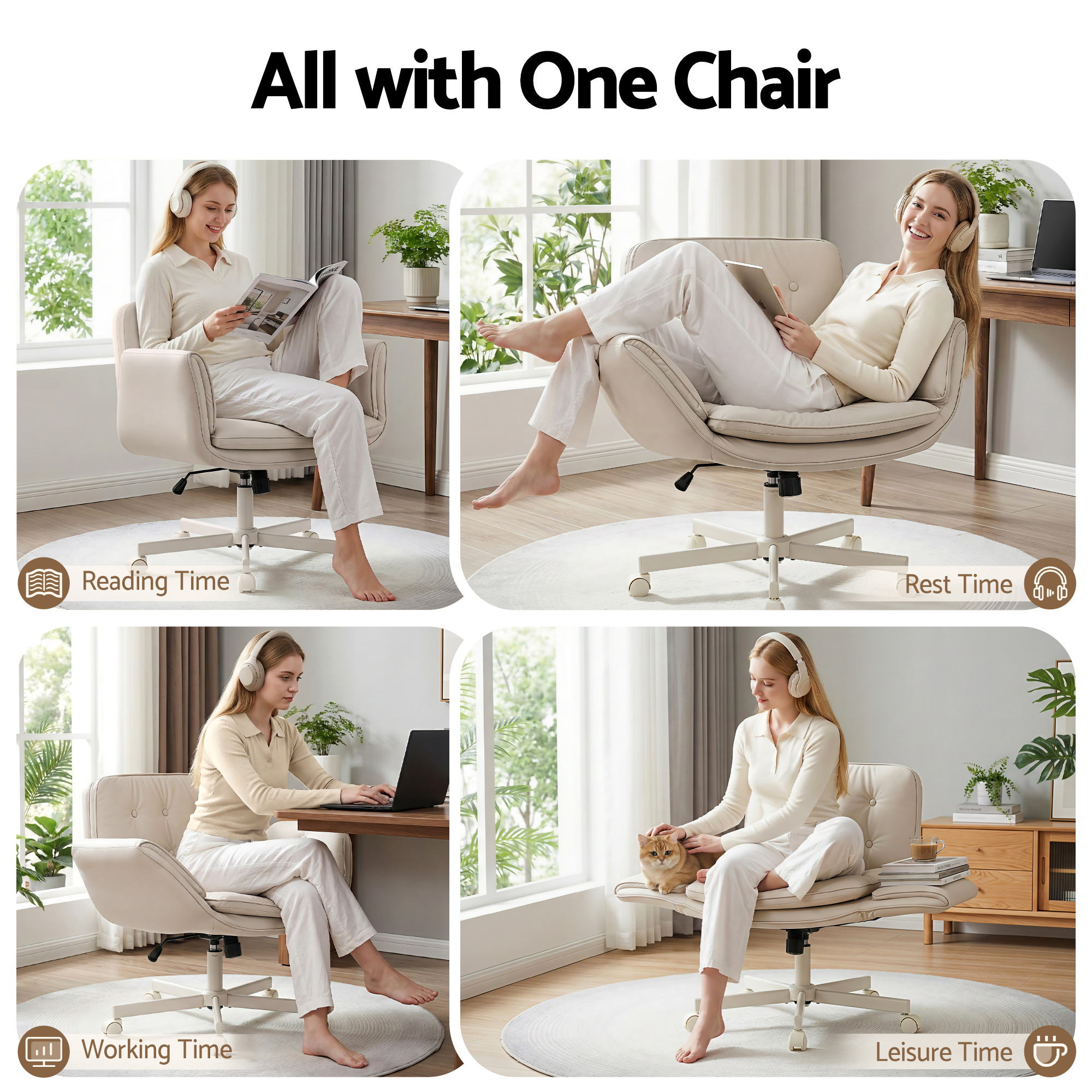 Artiss Criss Cross Chair with Wheels & Adjustable Armrests, Ergonomic Cross Legged Office Desk Chair PU Leather Vanity Chair Swivel for Home, Make Up, Bedroom, Computer, Beige - Image 4