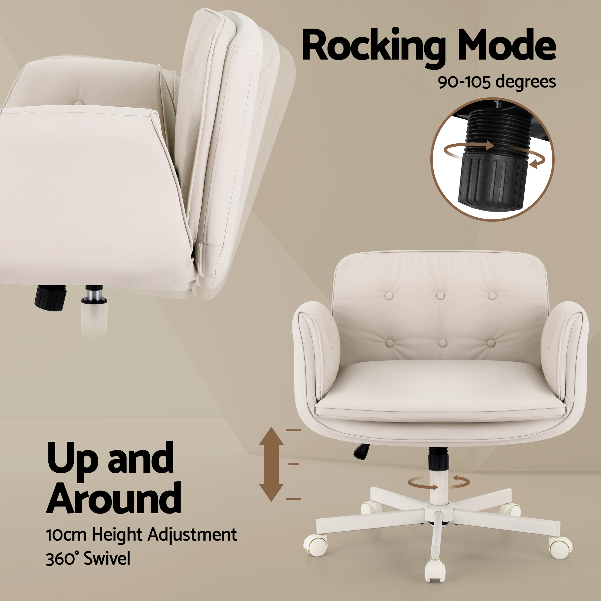 Artiss Criss Cross Chair with Wheels & Adjustable Armrests, Ergonomic Cross Legged Office Desk Chair PU Leather Vanity Chair Swivel for Home, Make Up, Bedroom, Computer, Beige - Image 7