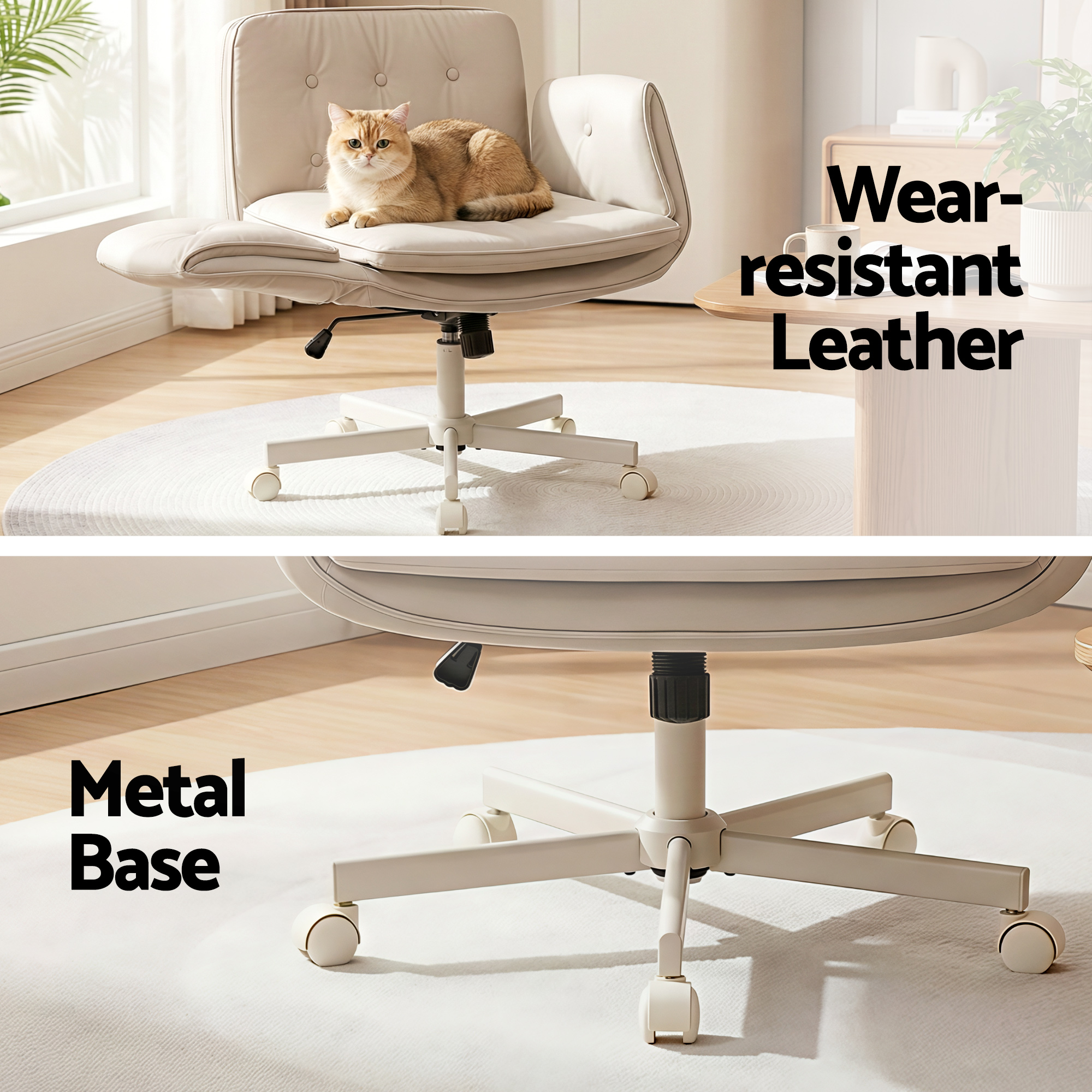 Artiss Criss Cross Chair with Wheels & Adjustable Armrests, Ergonomic Cross Legged Office Desk Chair PU Leather Vanity Chair Swivel for Home, Make Up, Bedroom, Computer, Beige - Image 8