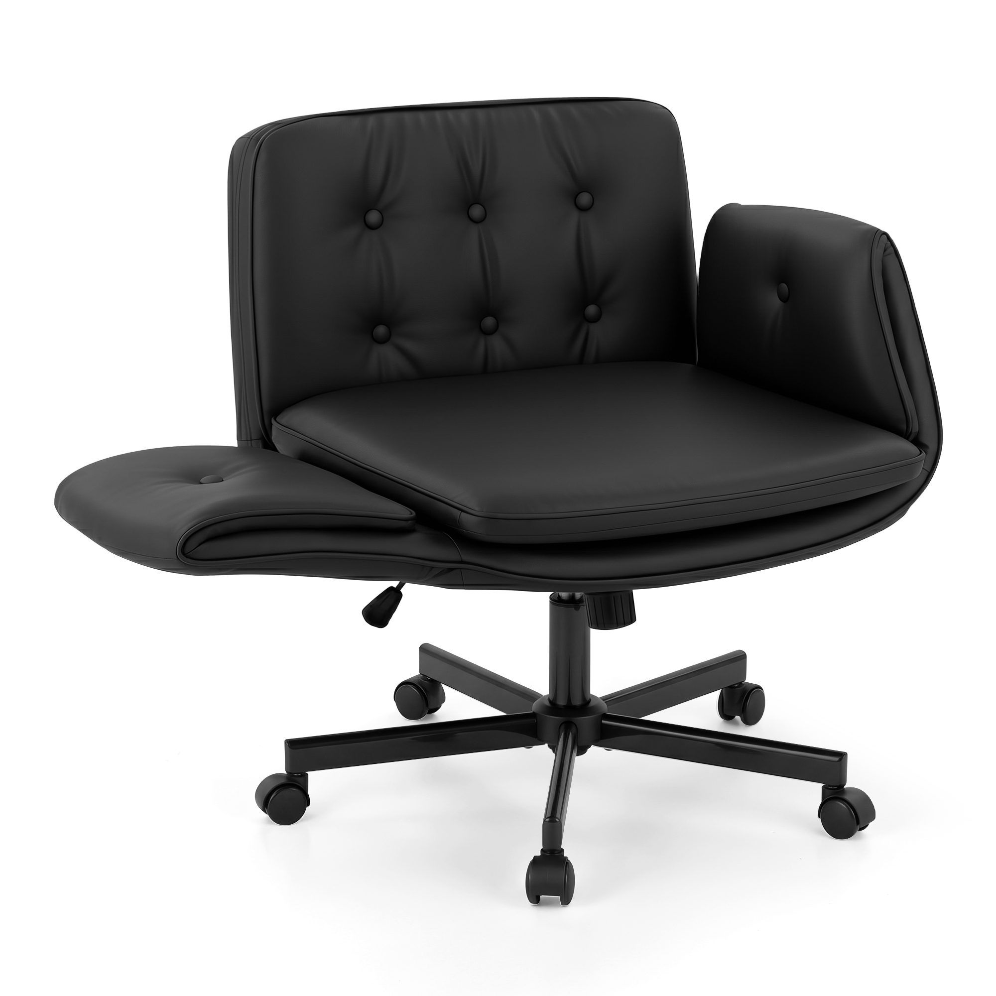 Artiss Criss Cross Chair with Wheels & Adjustable Armrests, Ergonomic Cross Legged Office Desk Chair PU Leather Vanity Chair Swivel for Home, Make Up, Bedroom, Computer, Black - Image 1