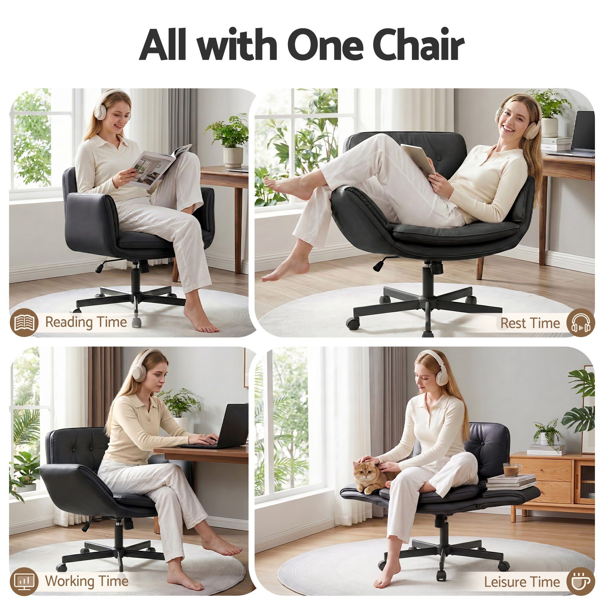 Artiss Criss Cross Chair with Wheels & Adjustable Armrests, Ergonomic Cross Legged Office Desk Chair PU Leather Vanity Chair Swivel for Home, Make Up, Bedroom, Computer, Black - Image 4