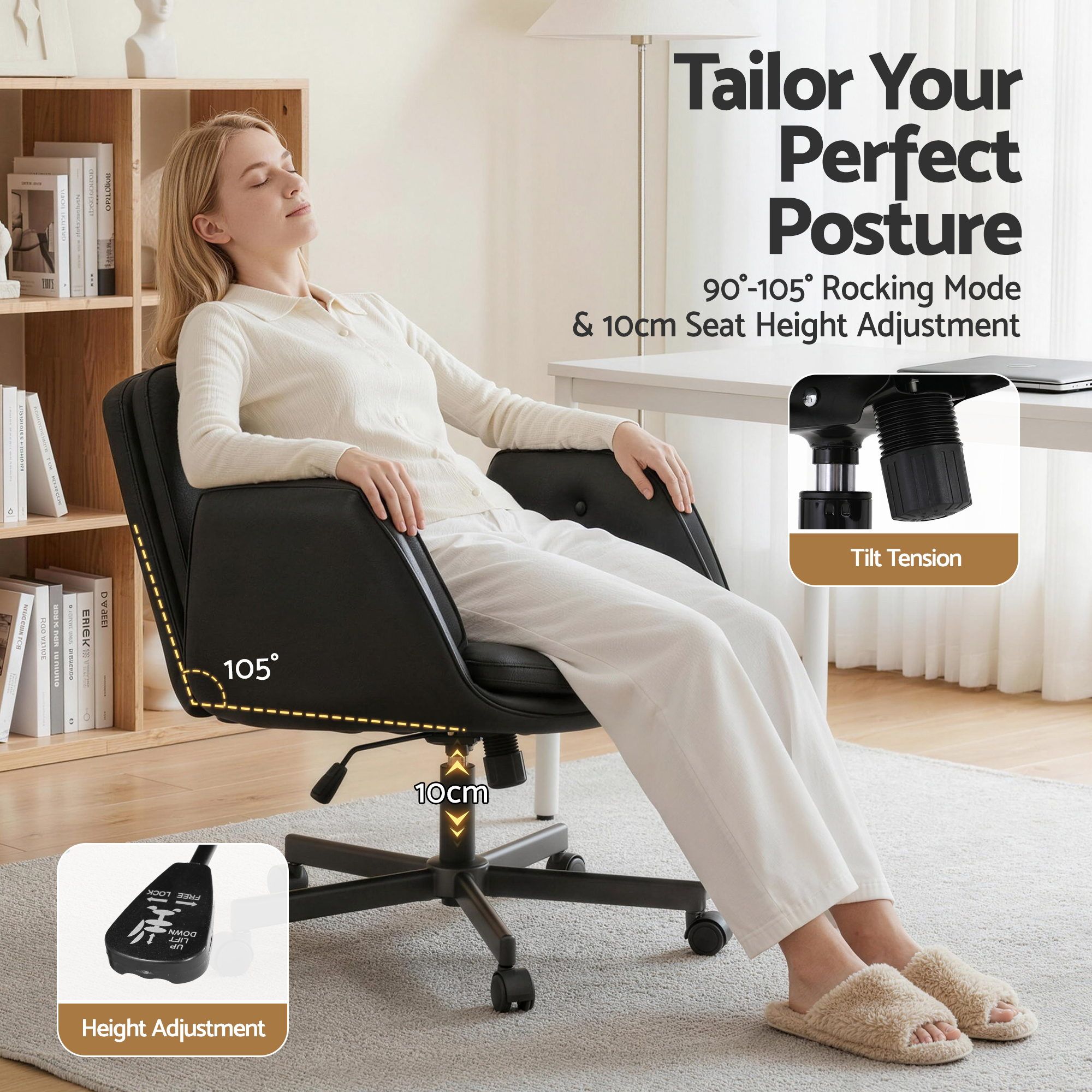 Artiss Criss Cross Chair with Wheels & Adjustable Armrests, Ergonomic Cross Legged Office Desk Chair PU Leather Vanity Chair Swivel for Home, Make Up, Bedroom, Computer, Black - Image 7