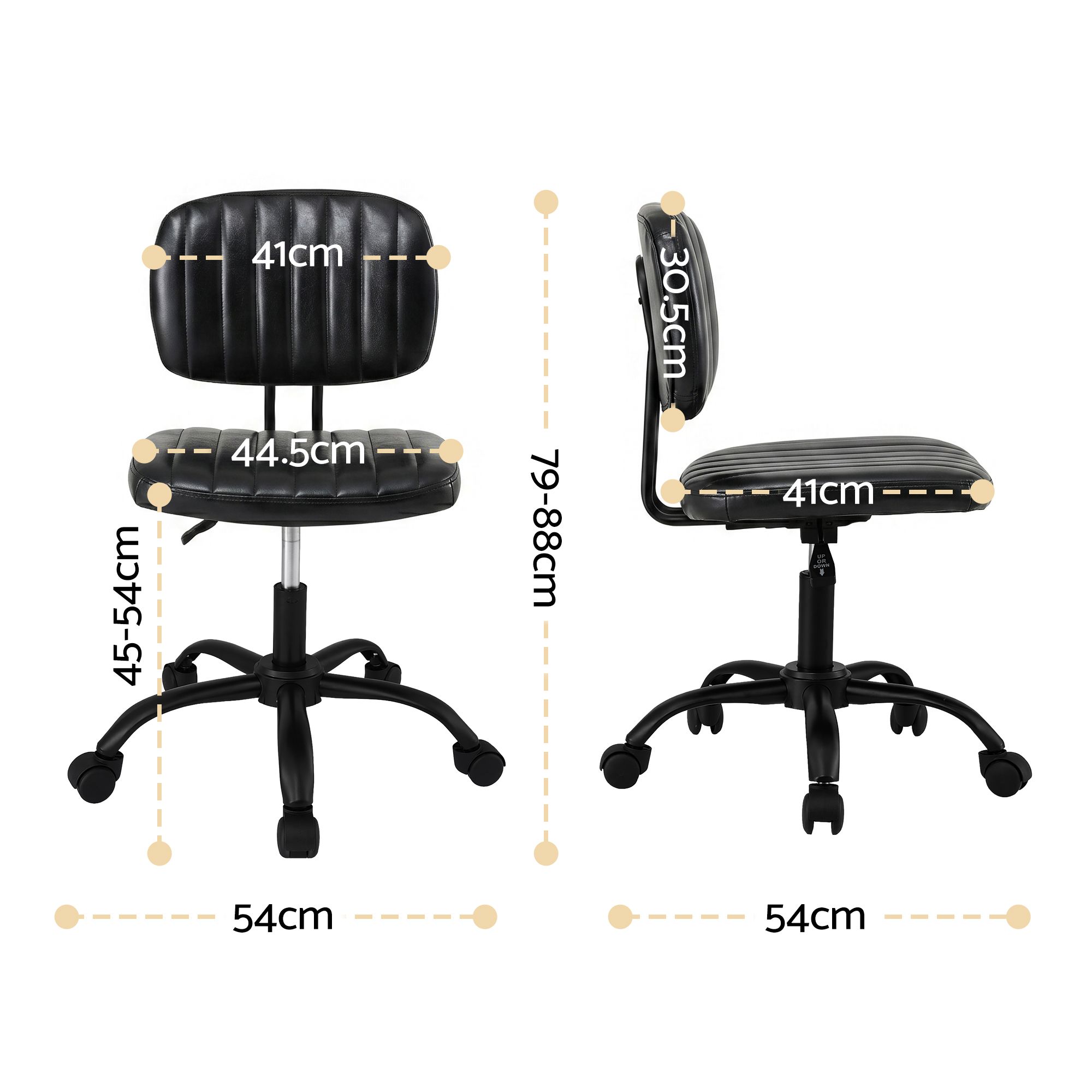Artiss Armless Office Chair with Wheels, Ergonomic PU Leather Office Desk Chair, Height Adjustable 360° Swivel Computer Task Chair for Home Office, Study Room & Small Space, Black - Image 2