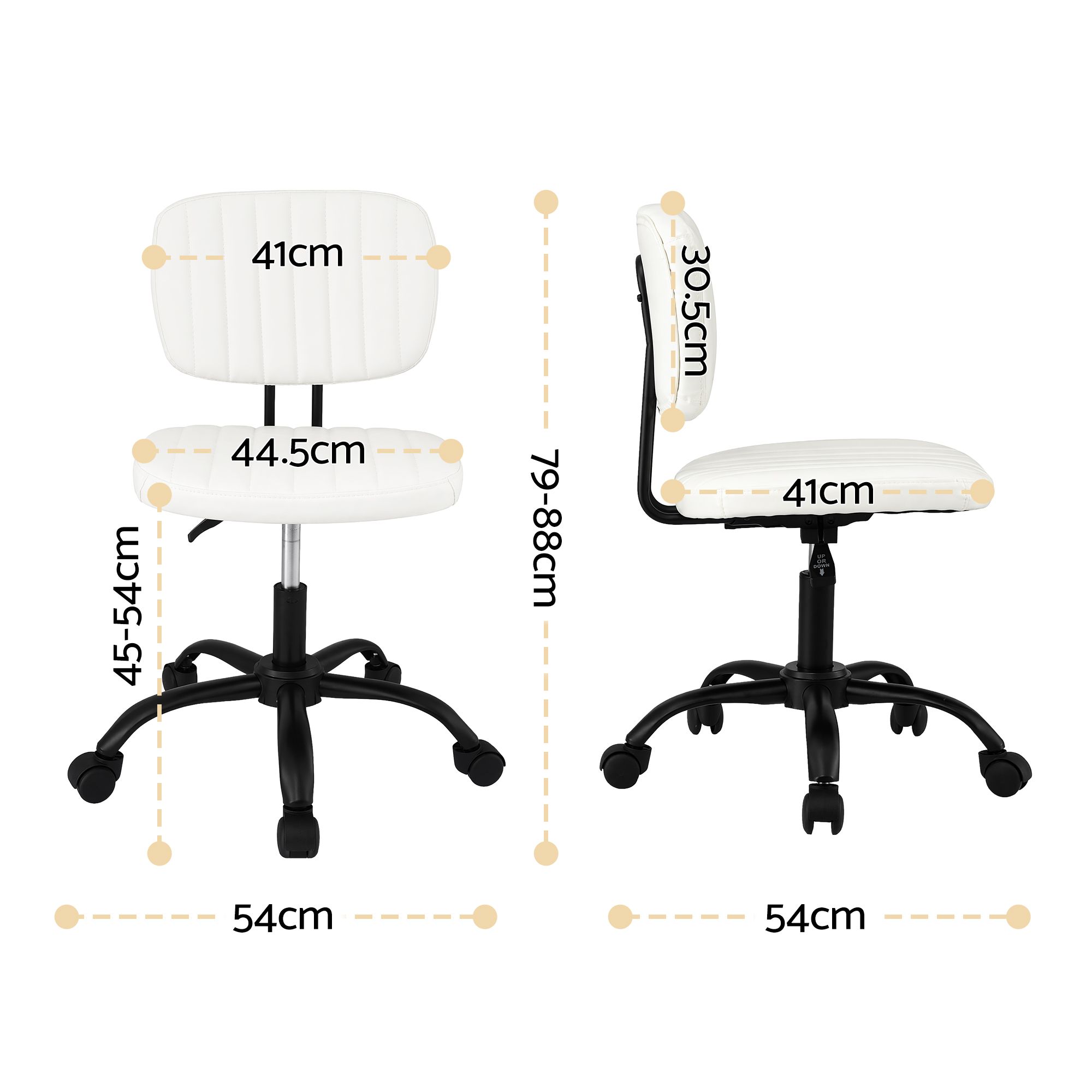 Artiss Armless Office Chair with Wheels, Ergonomic PU Leather Office Desk Chair, Height Adjustable 360° Swivel Computer Task Chair for Home Office, Study Room & Small Space, White - Image 2