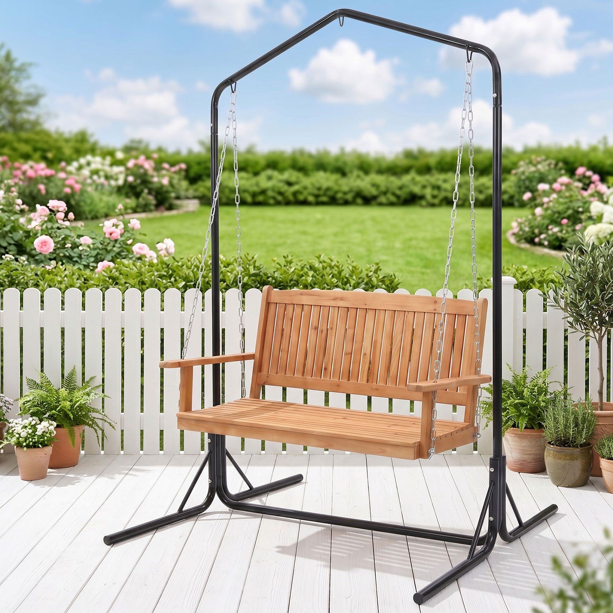 Gardeon Wooden 2-Seater Outdoor Swing Chair with Black Stand Hanging Chair Patio Furniture - Image 1