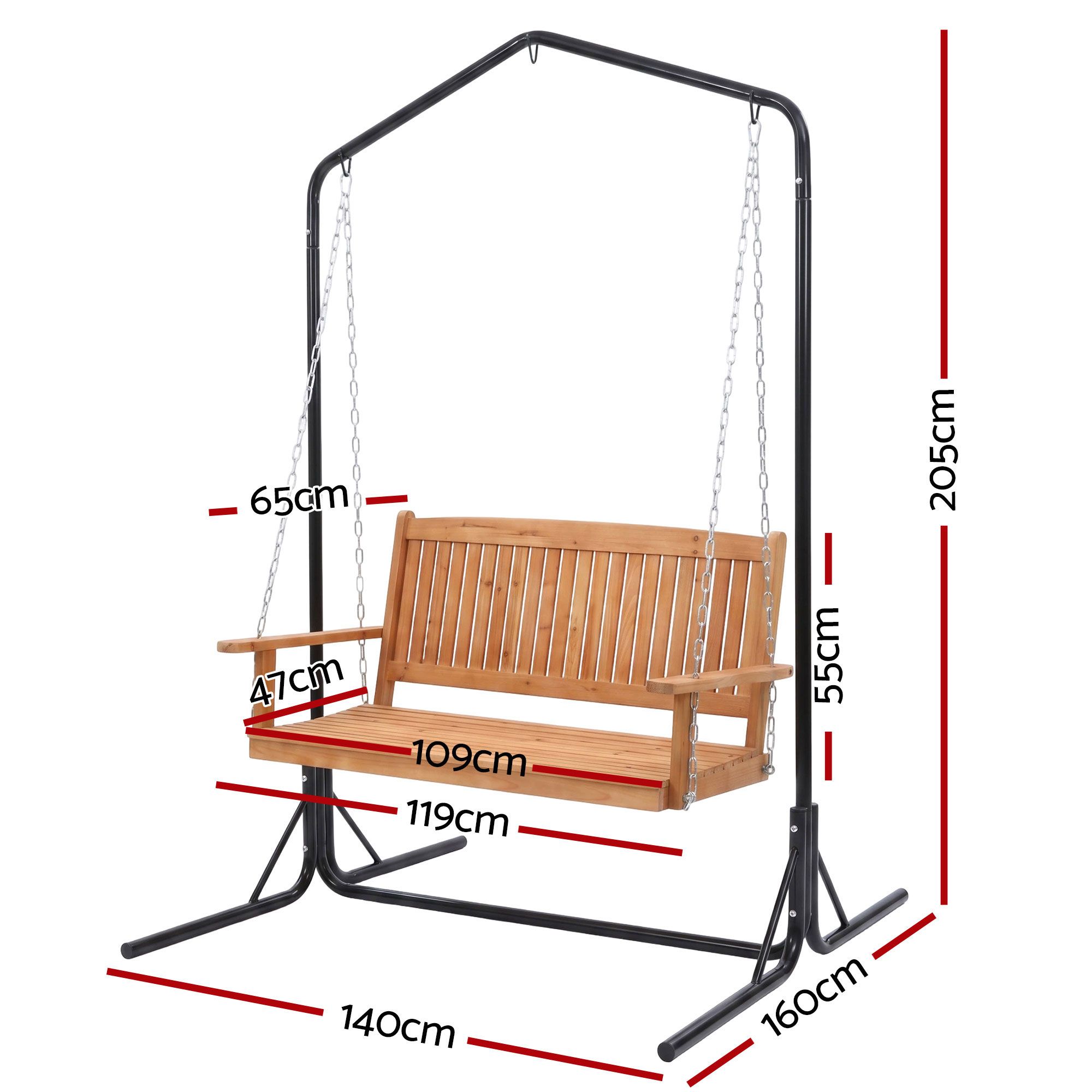 Gardeon Wooden 2-Seater Outdoor Swing Chair with Black Stand Hanging Chair Patio Furniture - Image 2