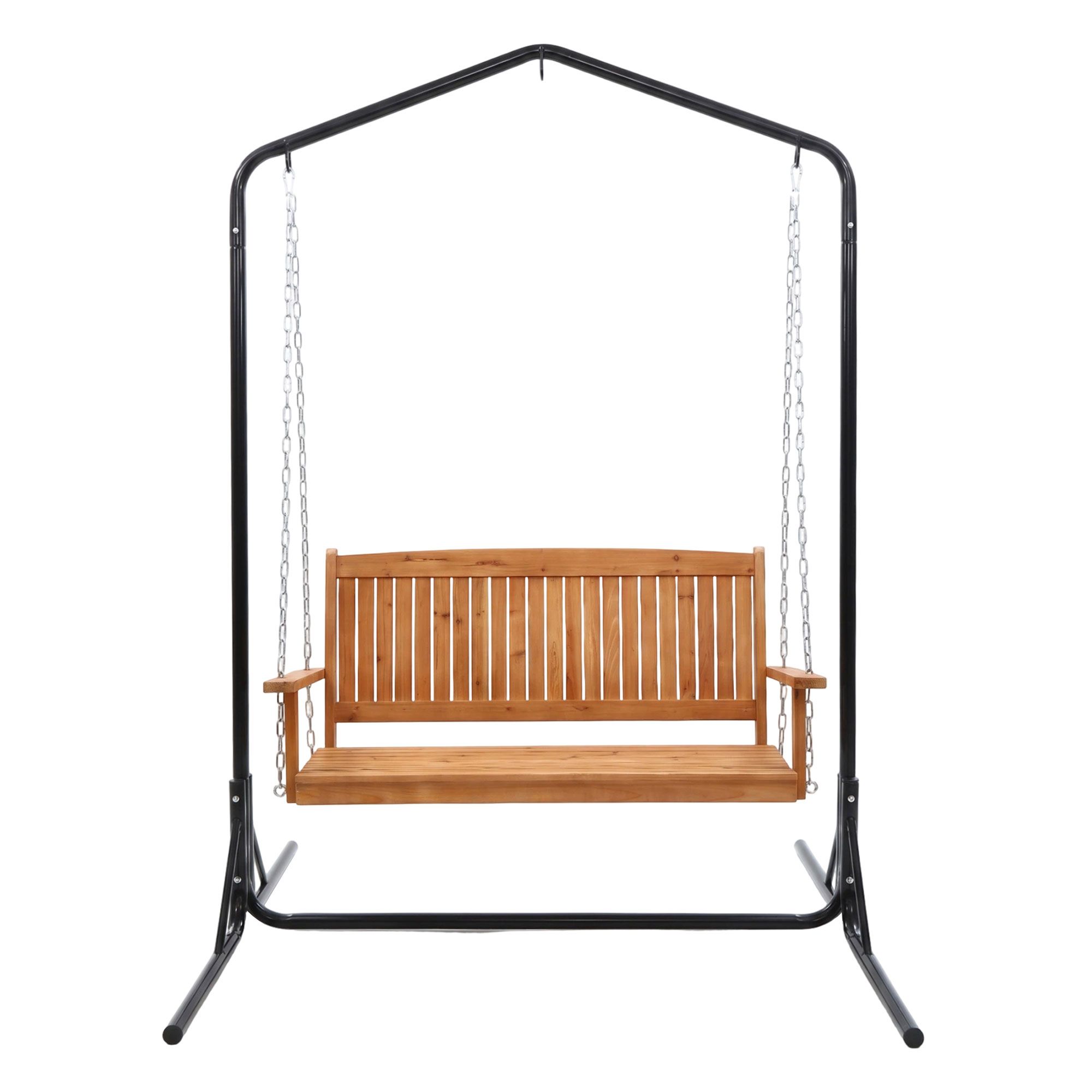 Gardeon Wooden 2-Seater Outdoor Swing Chair with Black Stand Hanging Chair Patio Furniture - Image 3