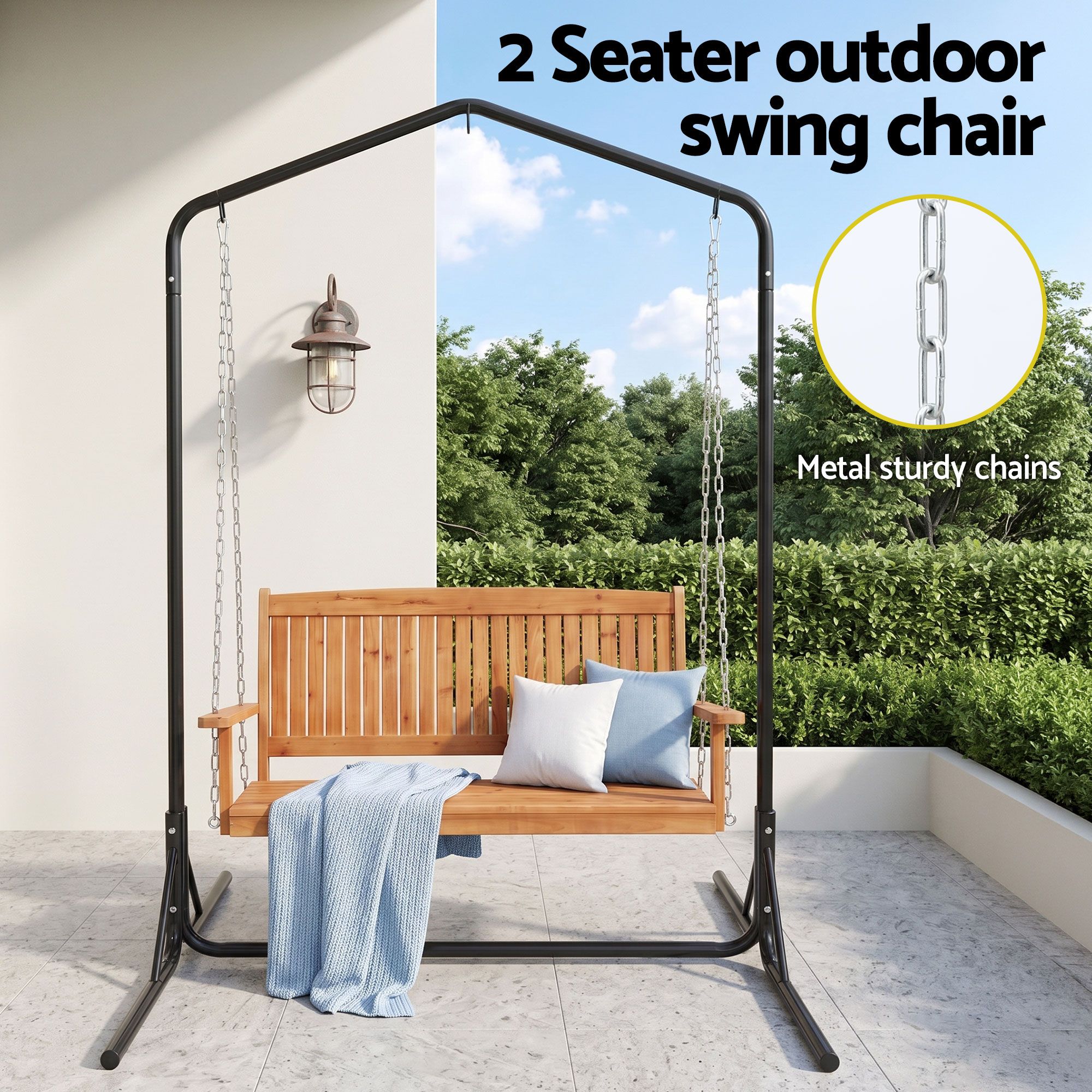 Gardeon Wooden 2-Seater Outdoor Swing Chair with Black Stand Hanging Chair Patio Furniture - Image 4