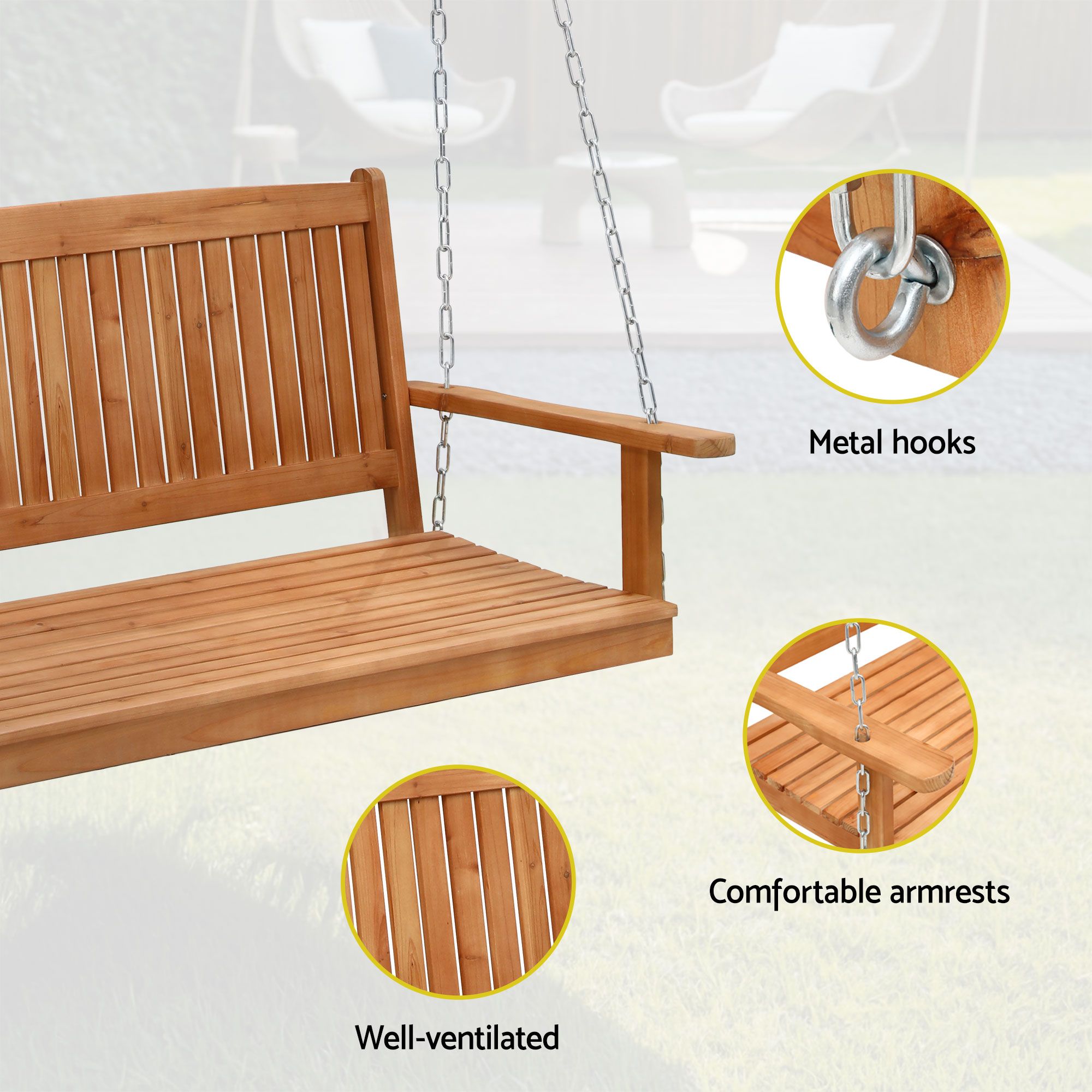 Gardeon Wooden 2-Seater Outdoor Swing Chair with Black Stand Hanging Chair Patio Furniture - Image 5