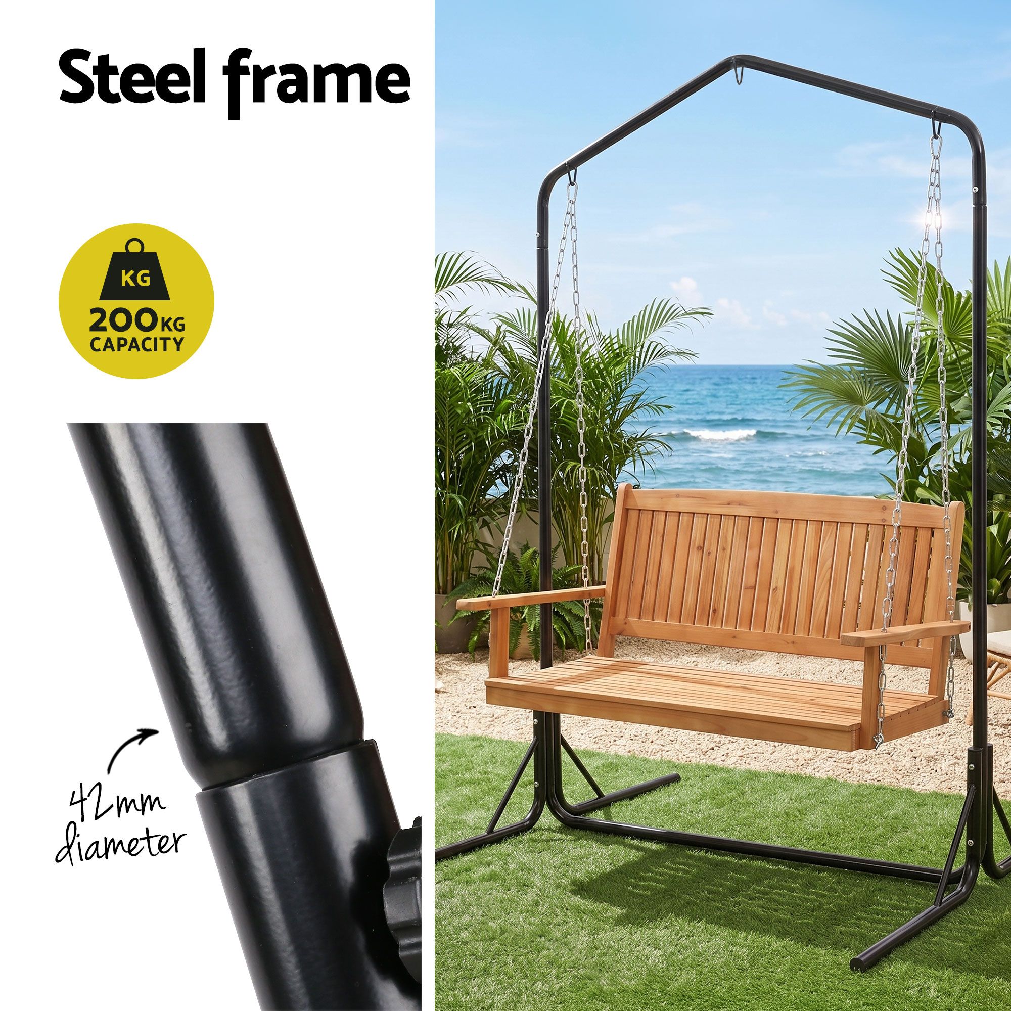 Gardeon Wooden 2-Seater Outdoor Swing Chair with Black Stand Hanging Chair Patio Furniture - Image 6