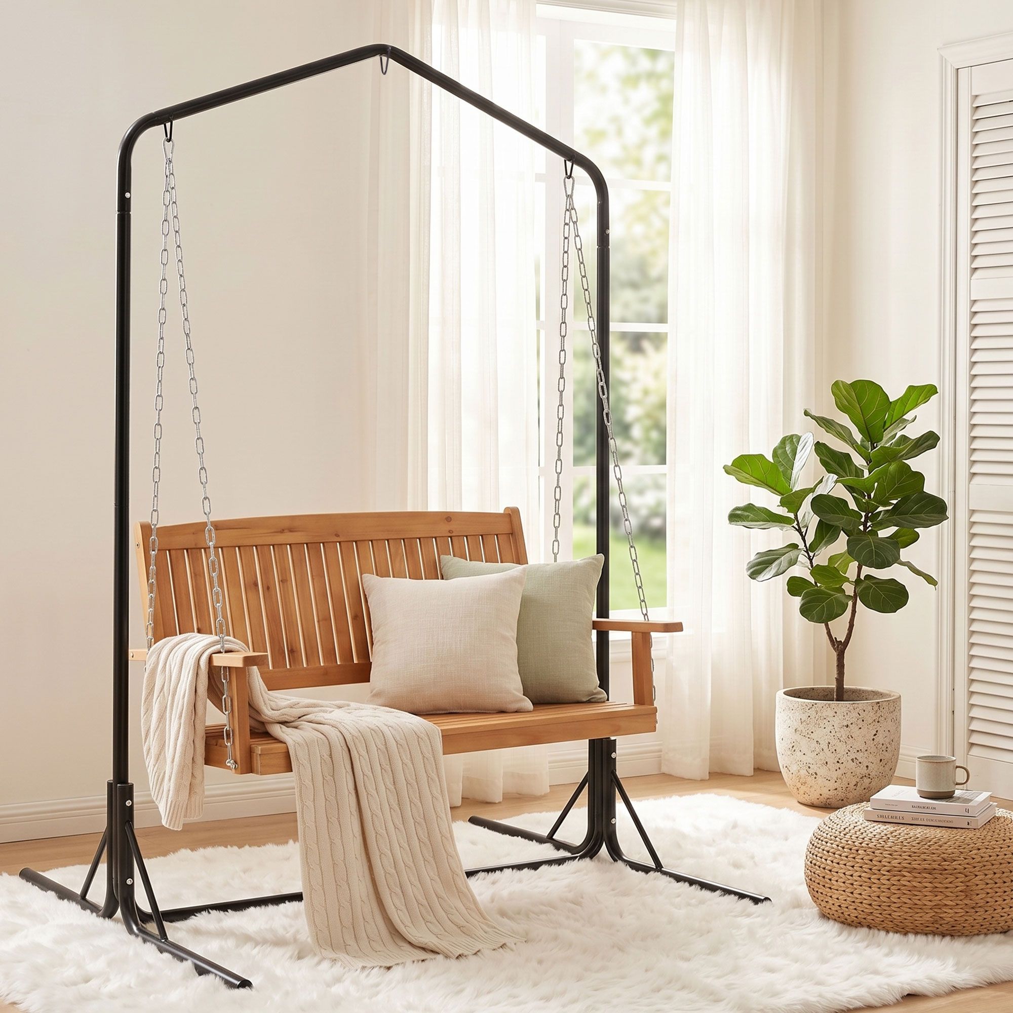Gardeon Wooden 2-Seater Outdoor Swing Chair with Black Stand Hanging Chair Patio Furniture - Image 7