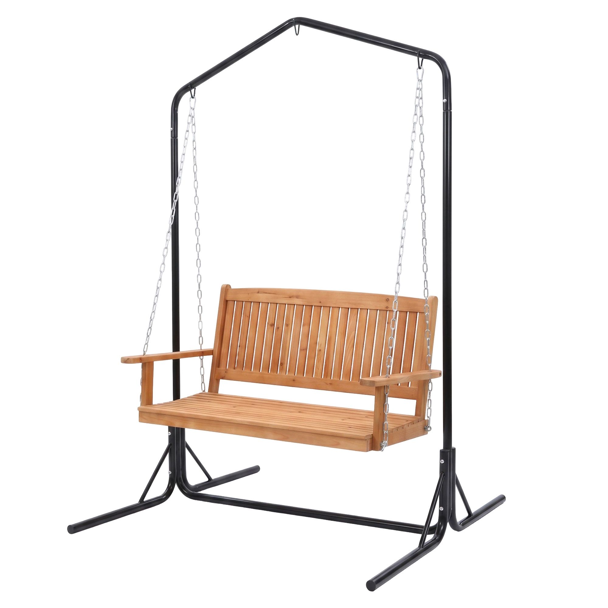 Gardeon Wooden 2-Seater Outdoor Swing Chair with Black Stand Hanging Chair Patio Furniture - Image 8