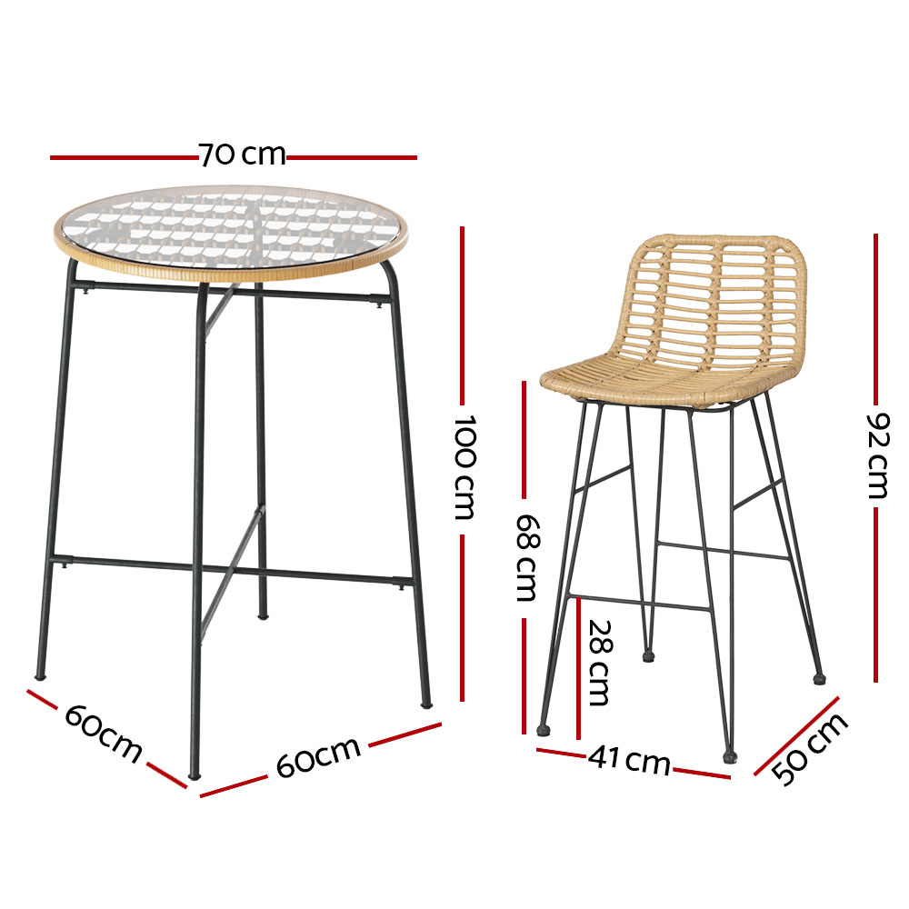 Gardeon 3-Piece Outdoor Bar Set Wicker Table Chairs Patio Bistro - Image 2