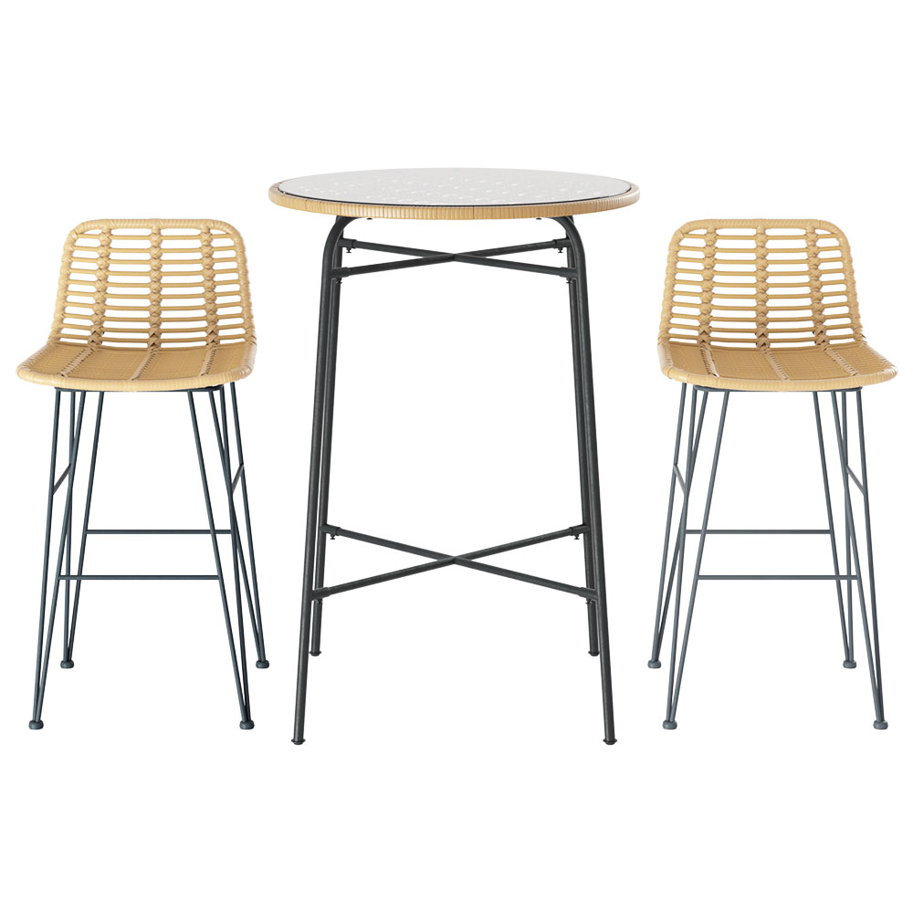 Gardeon 3-Piece Outdoor Bar Set Wicker Table Chairs Patio Bistro - Image 3