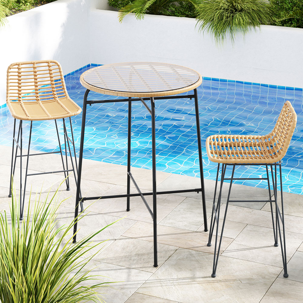 Gardeon 3-Piece Outdoor Bar Set Wicker Table Chairs Patio Bistro - Image 7
