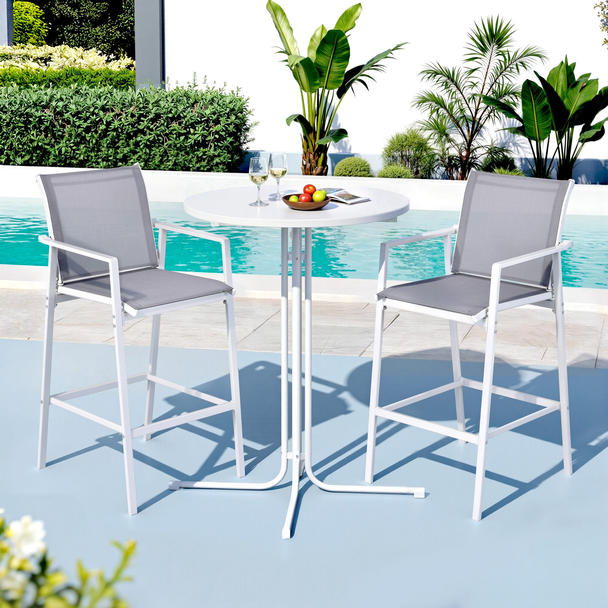 Gardeon 3PC Outdoor Bar Set Stools Dining Chairs Table Patio Furniture Bistro Set Steel White - Image 1