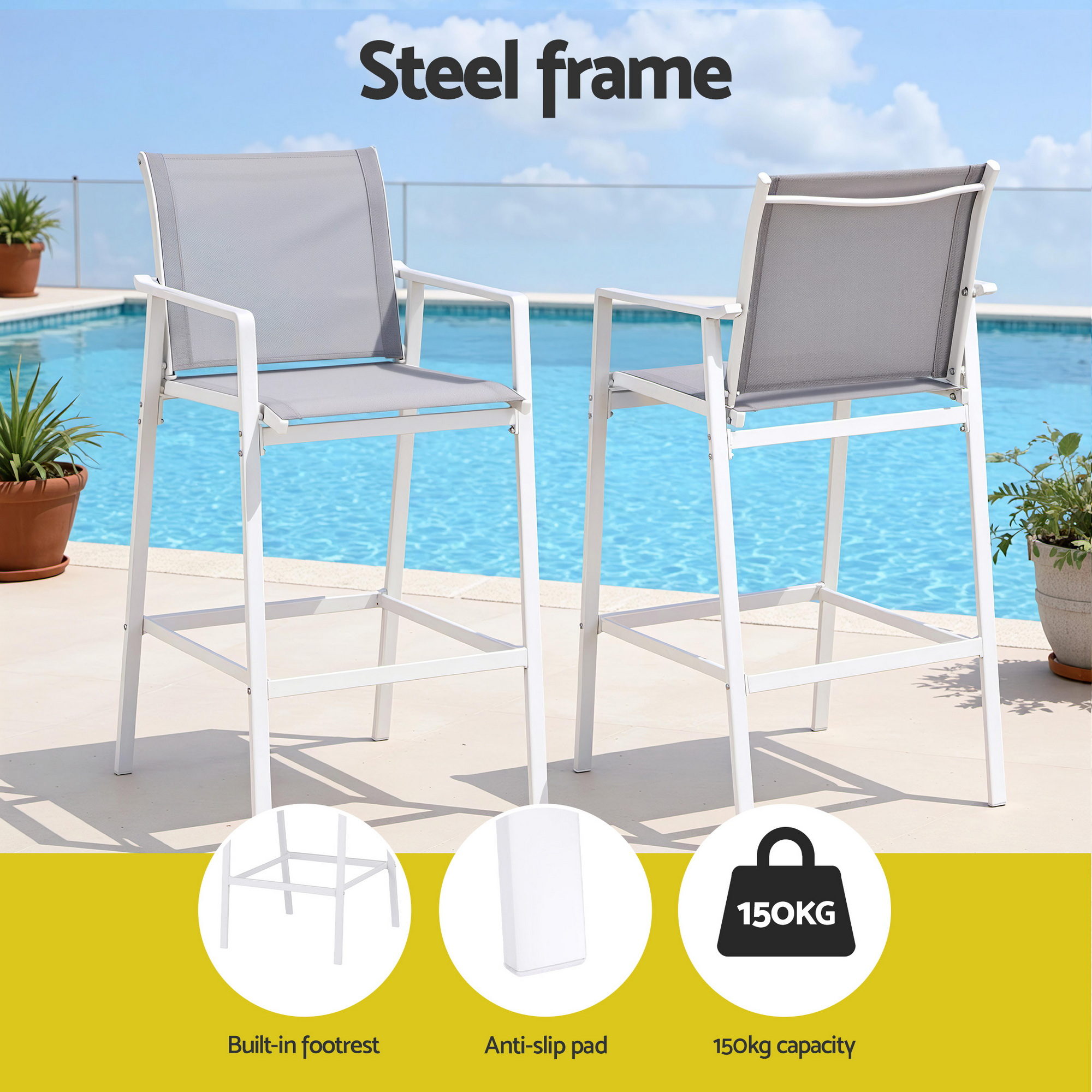 Gardeon 3PC Outdoor Bar Set Stools Dining Chairs Table Patio Furniture Bistro Set Steel White - Image 6