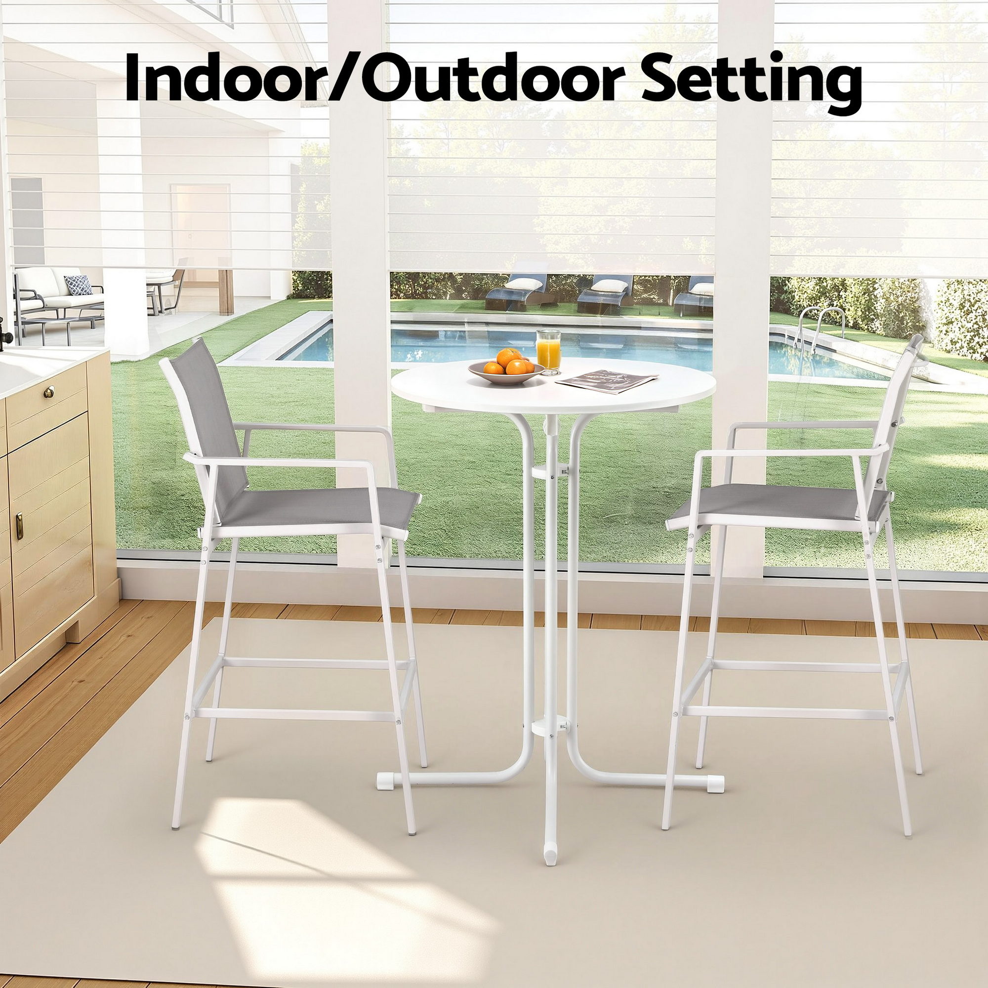 Gardeon 3PC Outdoor Bar Set Stools Dining Chairs Table Patio Furniture Bistro Set Steel White - Image 8