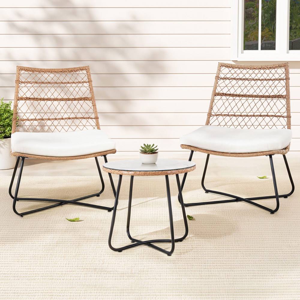 Gardeon 3PC Outdoor Setting Wicker Bistro Set Table Chairs Patio Furniture Brown - Image 1