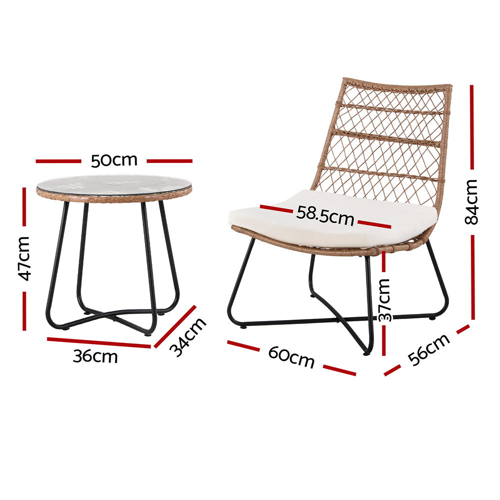 Gardeon 3PC Outdoor Setting Wicker Bistro Set Table Chairs Patio Furniture Brown - Image 2