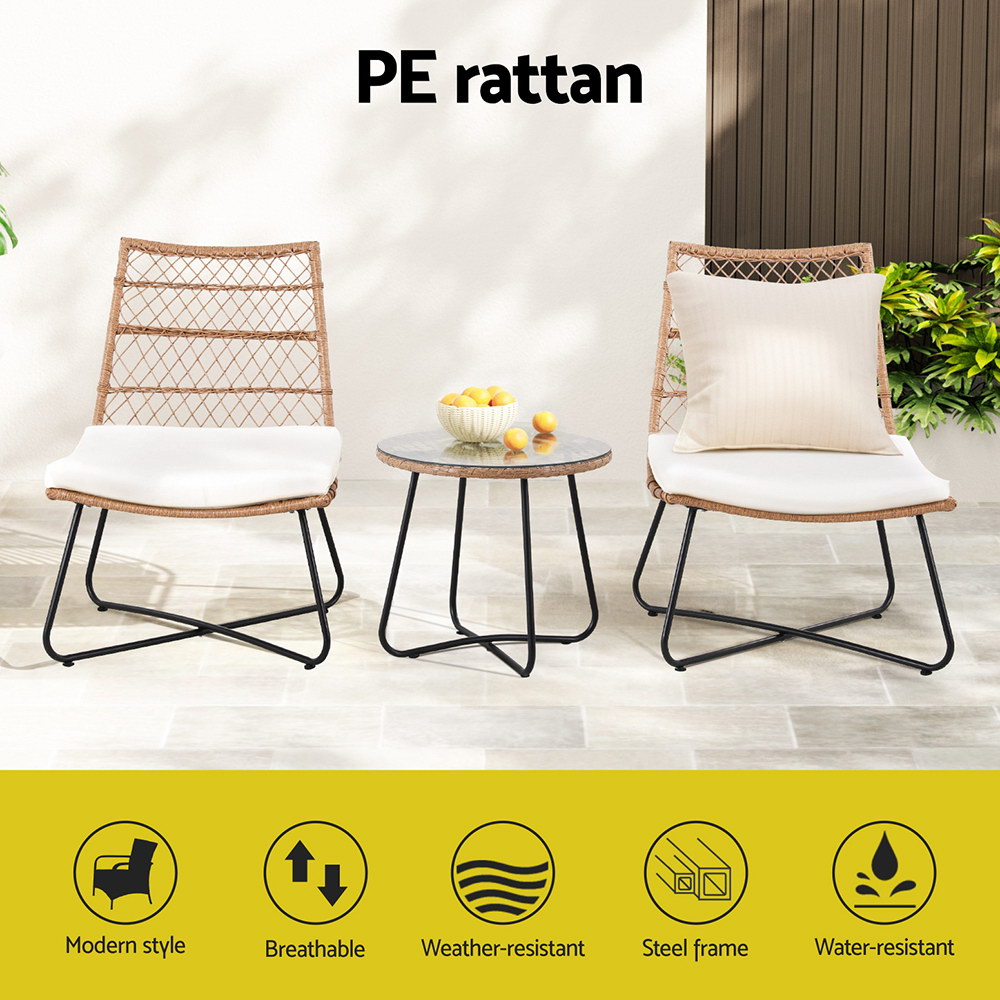 Gardeon 3PC Outdoor Setting Wicker Bistro Set Table Chairs Patio Furniture Brown - Image 4