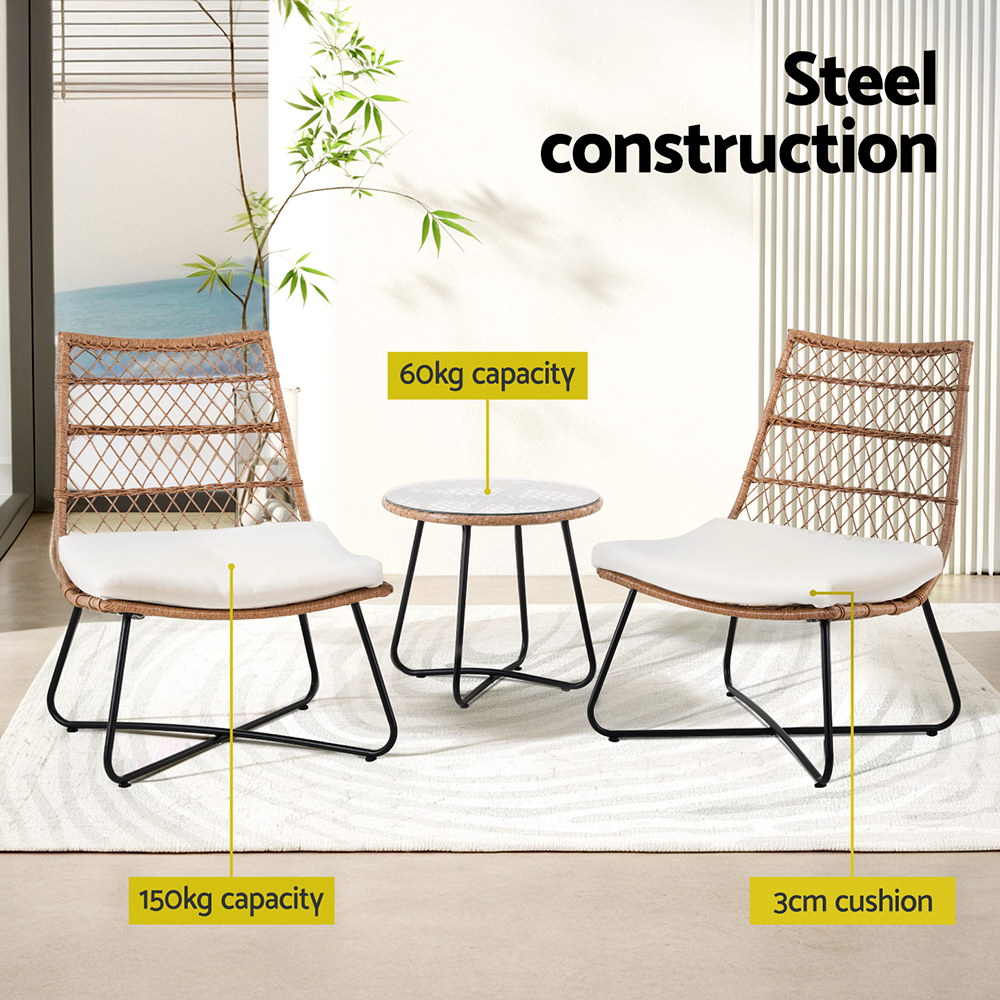 Gardeon 3PC Outdoor Setting Wicker Bistro Set Table Chairs Patio Furniture Brown - Image 5