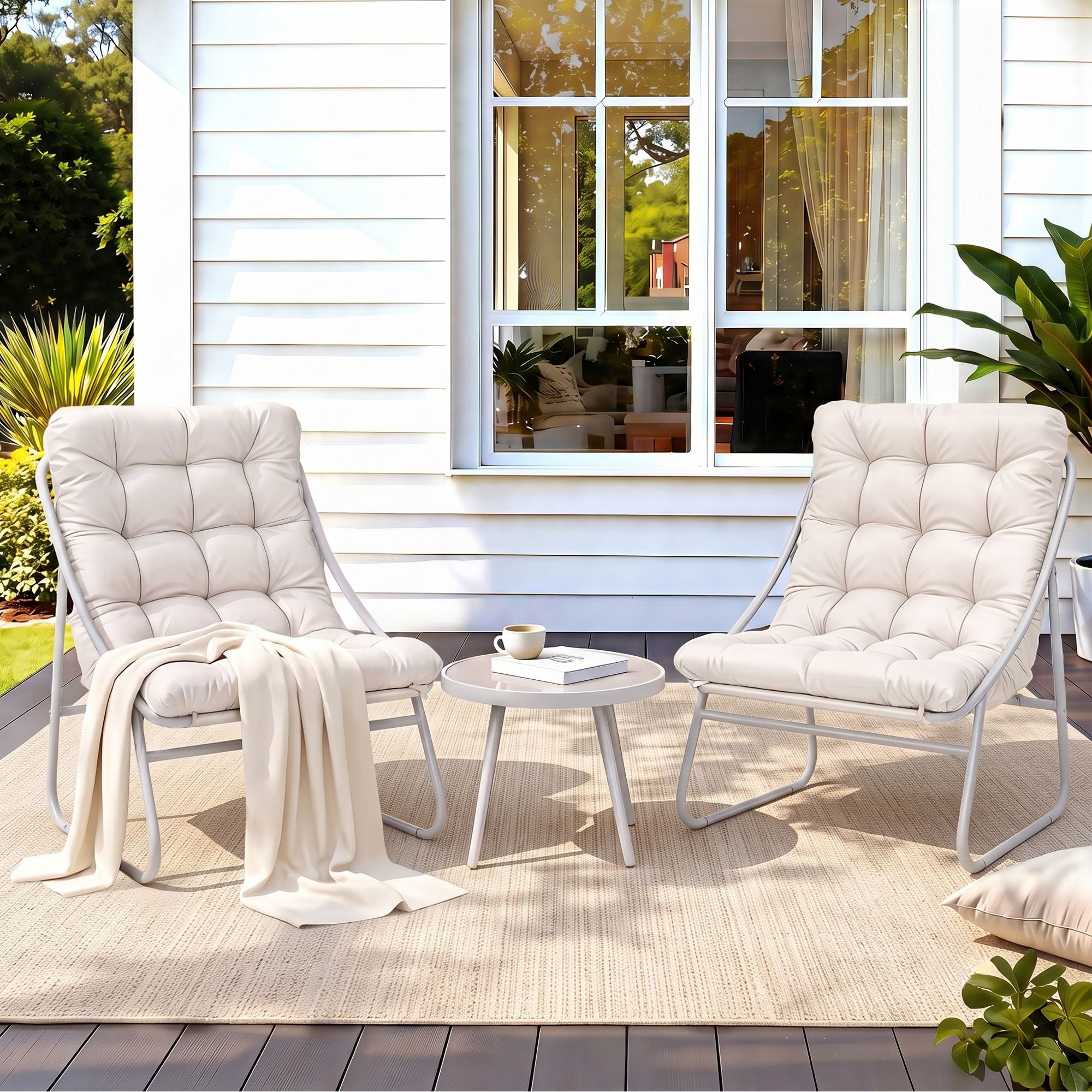 Gardeon 3PC Outdoor Bistro Set Patio Furniture Table and Chairs Steel Dining Chair Khaki - Image 1