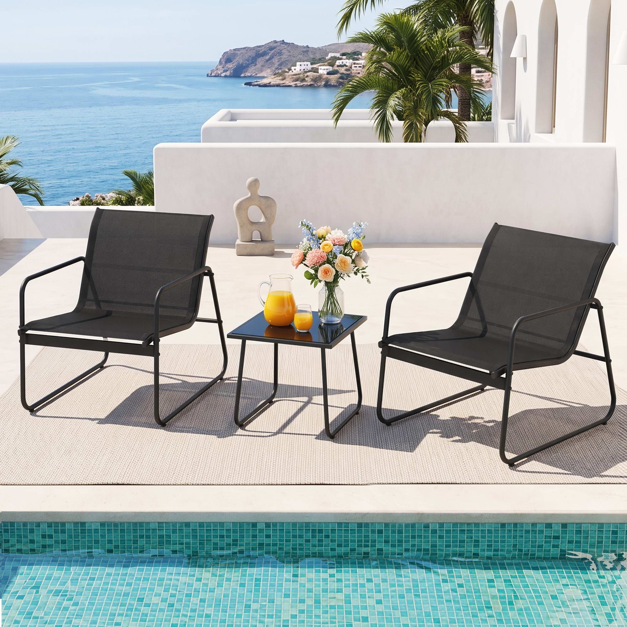 Gardeon Outdoor Bistro Set 3 Piece Patio Furniture Textilene Chairs Glass Table - Image 1