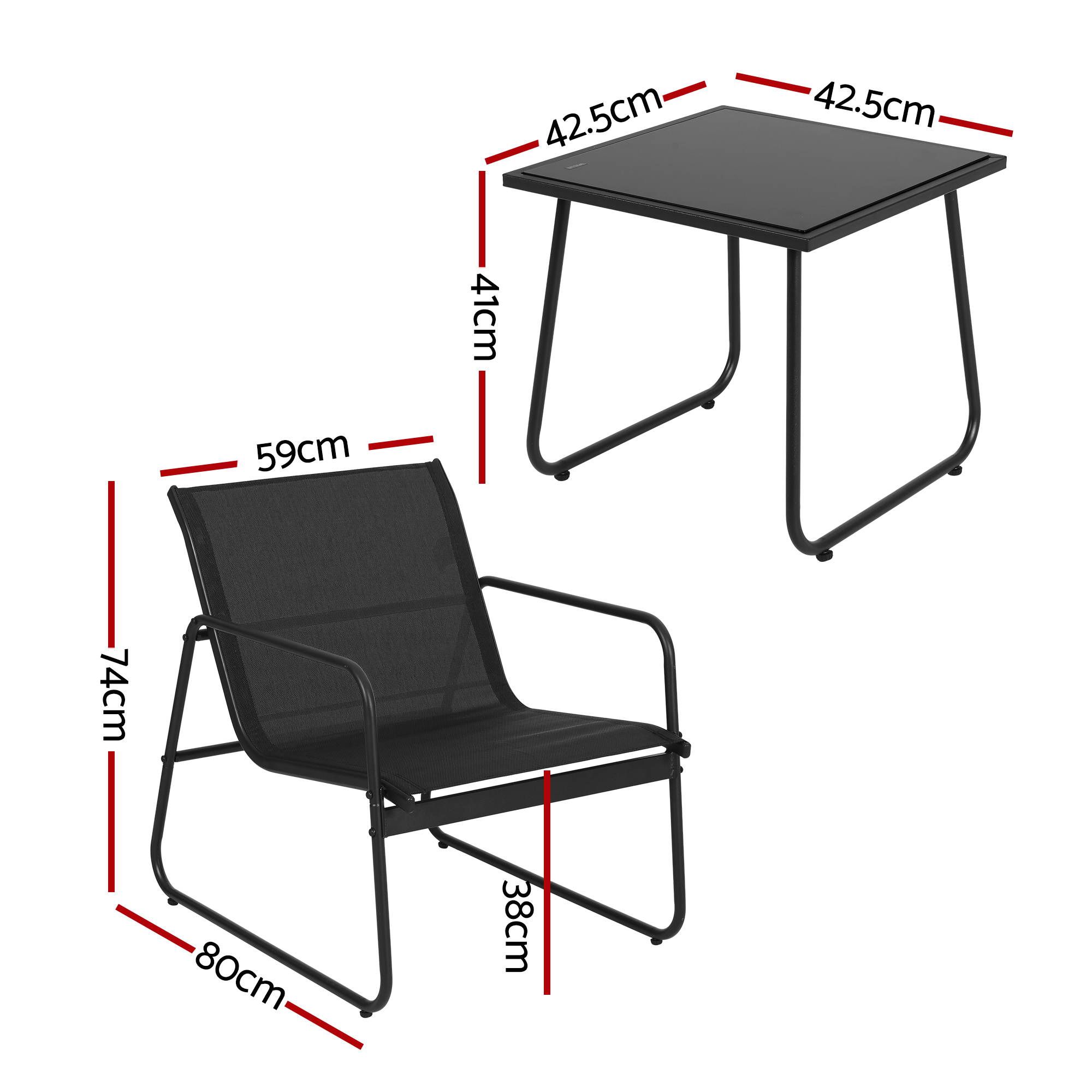 Gardeon Outdoor Bistro Set 3 Piece Patio Furniture Textilene Chairs Glass Table - Image 2