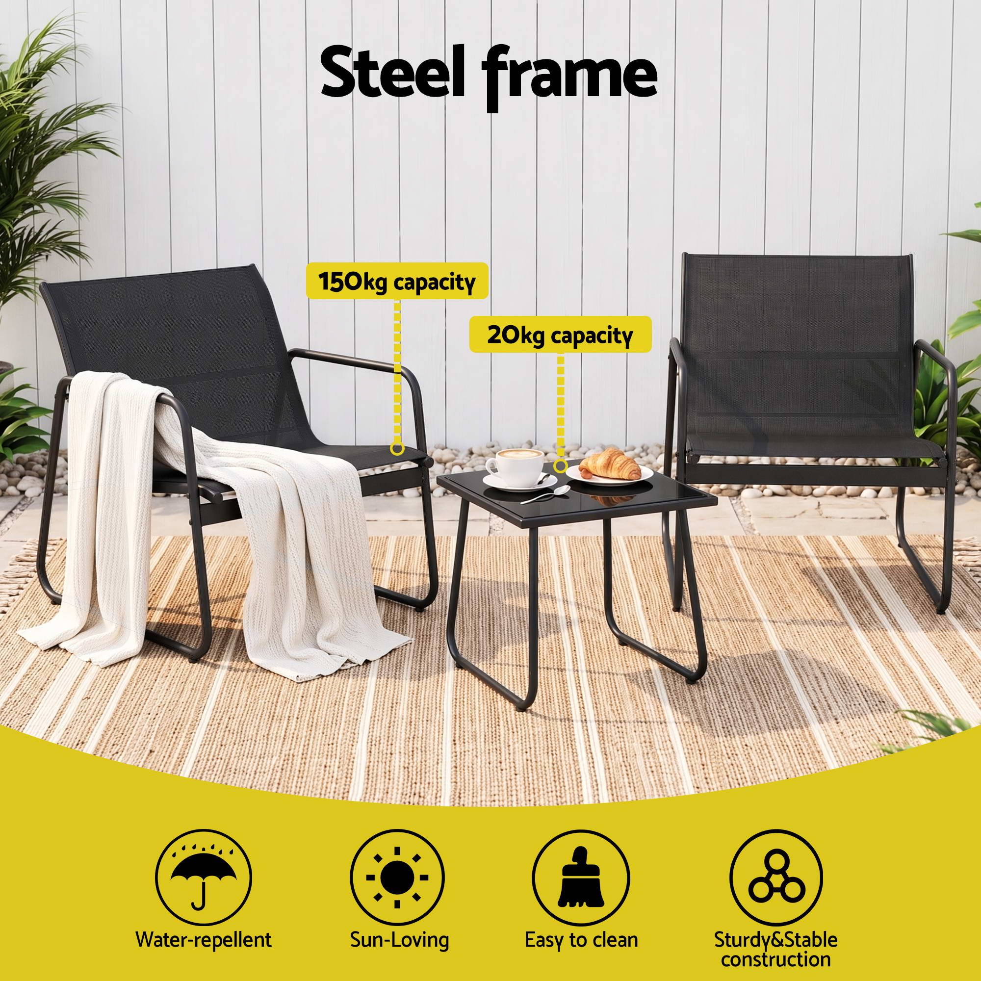 Gardeon Outdoor Bistro Set 3 Piece Patio Furniture Textilene Chairs Glass Table - Image 4