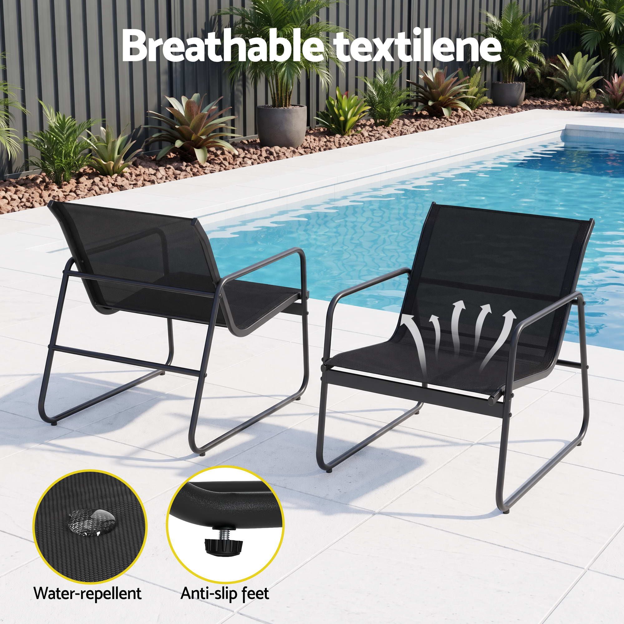 Gardeon Outdoor Bistro Set 3 Piece Patio Furniture Textilene Chairs Glass Table - Image 5