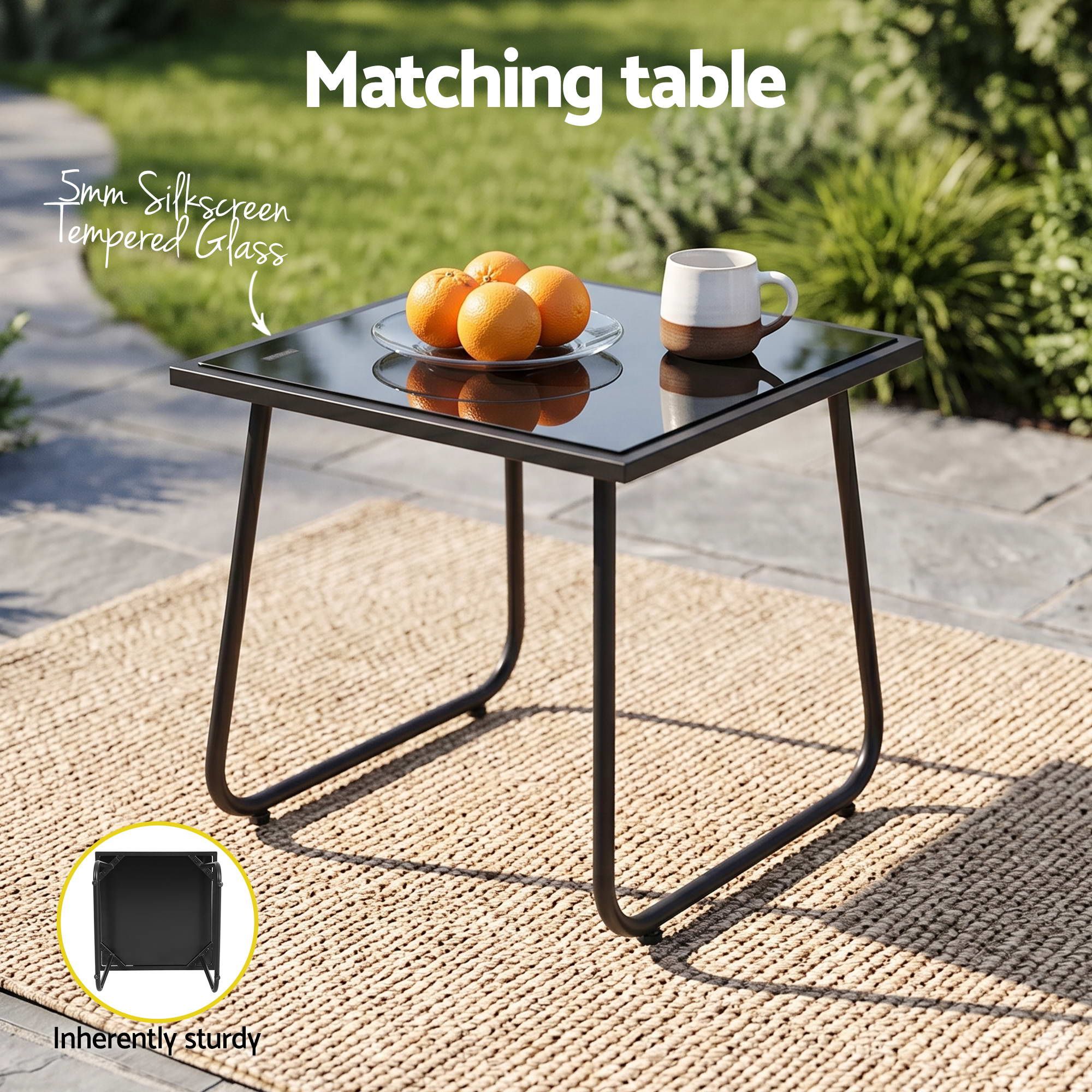 Gardeon Outdoor Bistro Set 3 Piece Patio Furniture Textilene Chairs Glass Table - Image 6