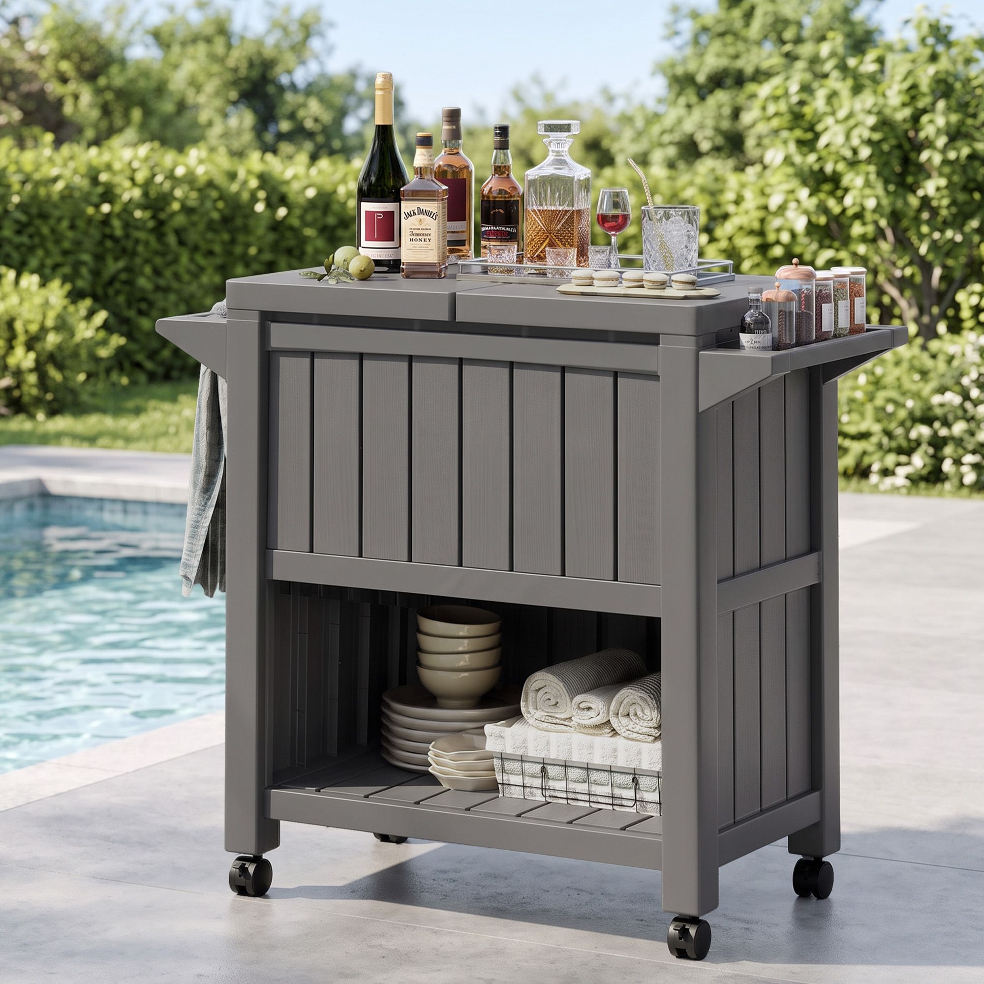 Gardeon Outdoor Storage Cabinet Box 80L Ice Bucket Cooler Rolling Serving Cart Kitchen Trolley Brown - Image 1