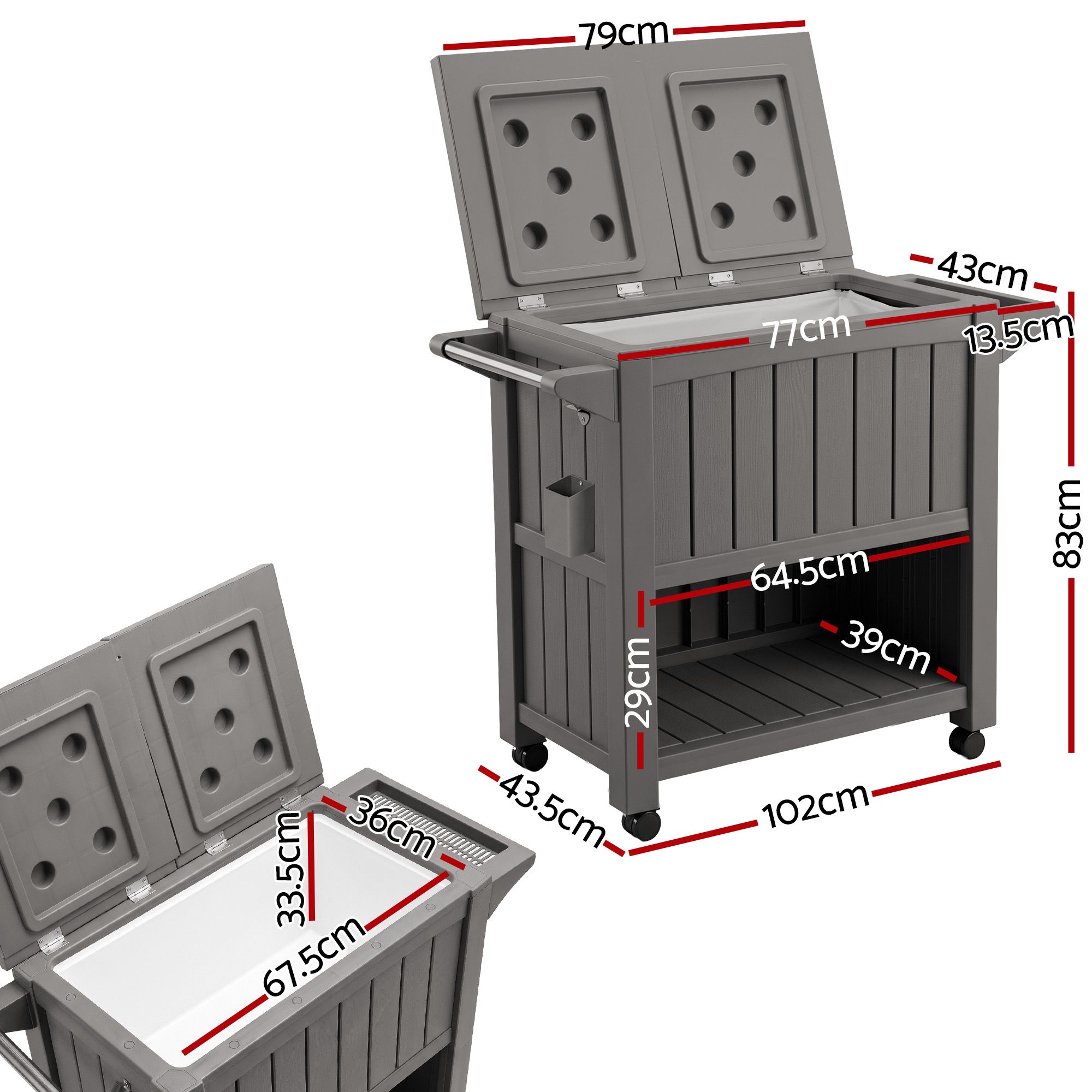 Gardeon Outdoor Storage Cabinet Box 80L Ice Bucket Cooler Rolling Serving Cart Kitchen Trolley Brown - Image 3