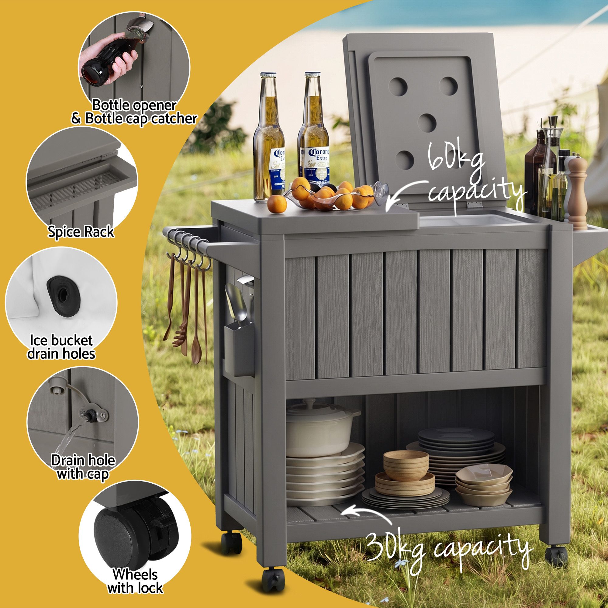 Gardeon Outdoor Storage Cabinet Box 80L Ice Bucket Cooler Rolling Serving Cart Kitchen Trolley Brown - Image 5