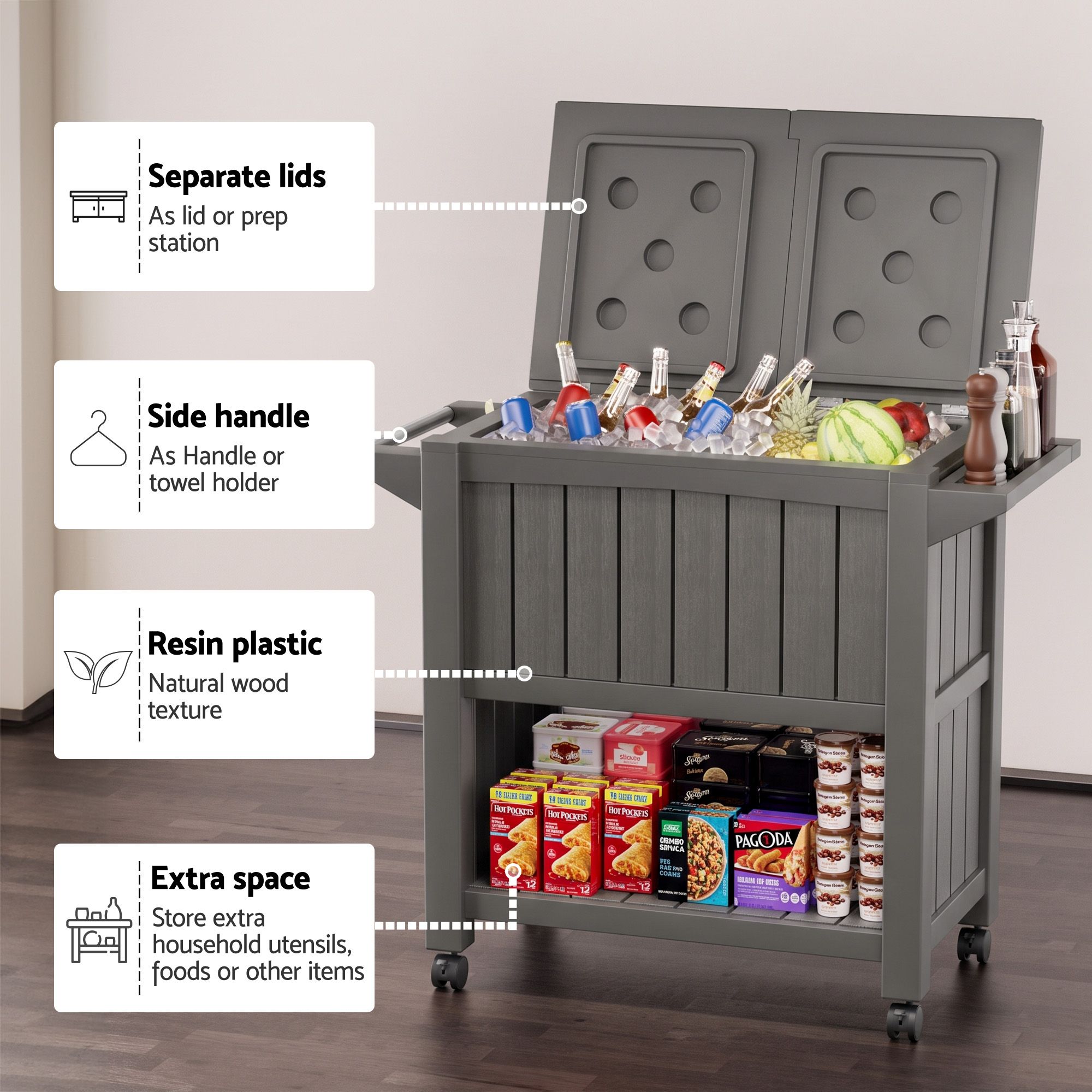 Gardeon Outdoor Storage Cabinet Box 80L Ice Bucket Cooler Rolling Serving Cart Kitchen Trolley Brown - Image 7