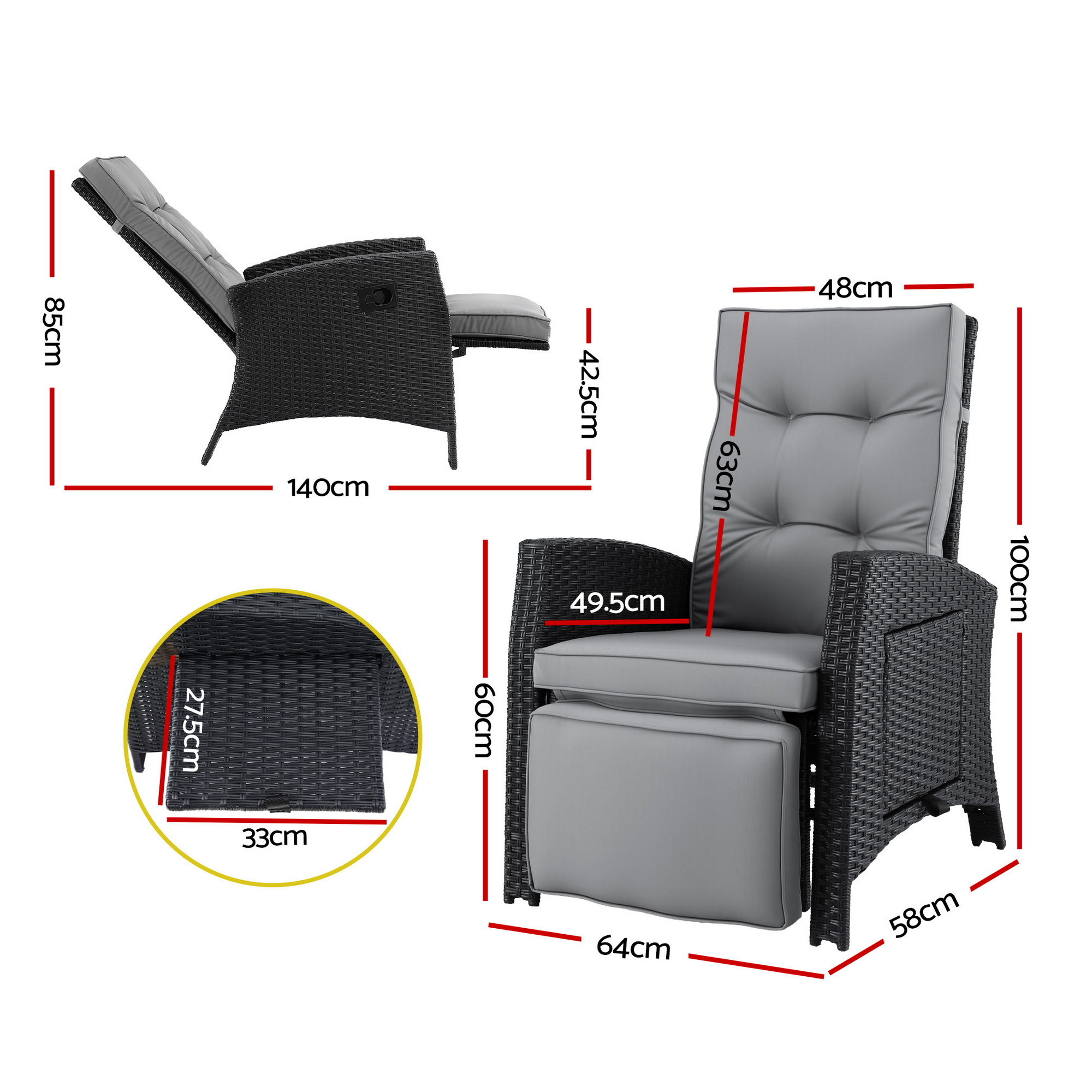 Gardeon Outdoor Recliner Chairs Sun lounge Wicker Lounger Patio Furniture Adjustable Black - Image 2