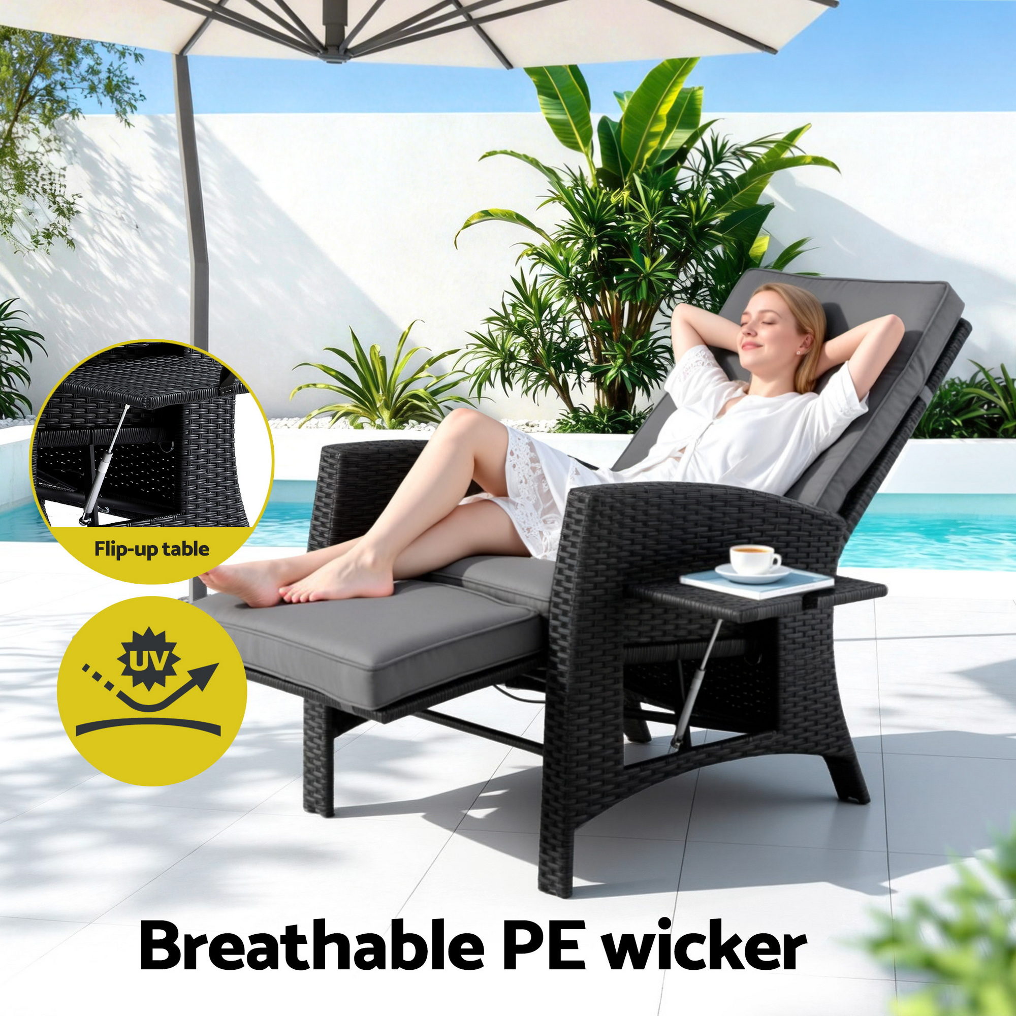 Gardeon Outdoor Recliner Chairs Sun lounge Wicker Lounger Patio Furniture Adjustable Black - Image 4