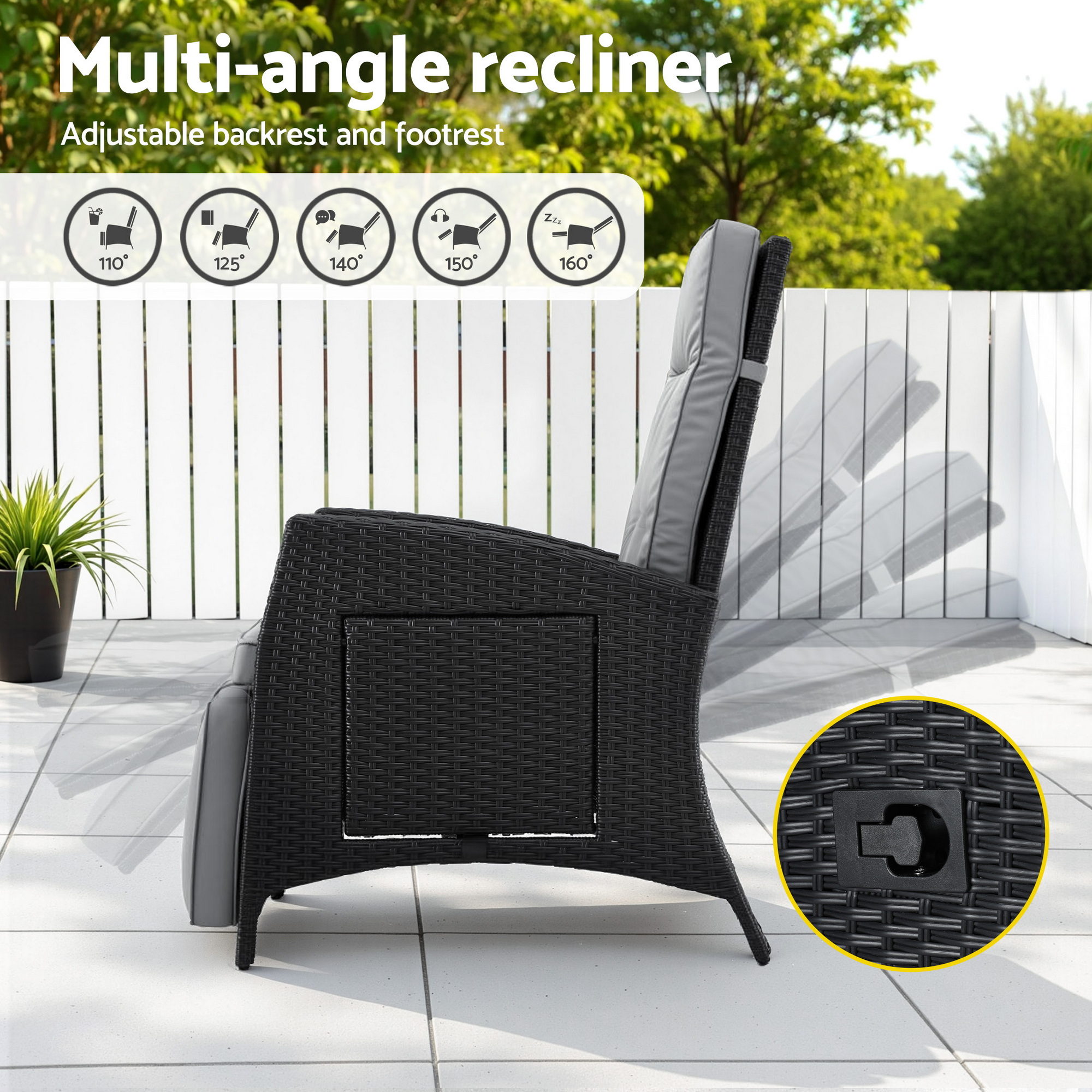 Gardeon Outdoor Recliner Chairs Sun lounge Wicker Lounger Patio Furniture Adjustable Black - Image 5