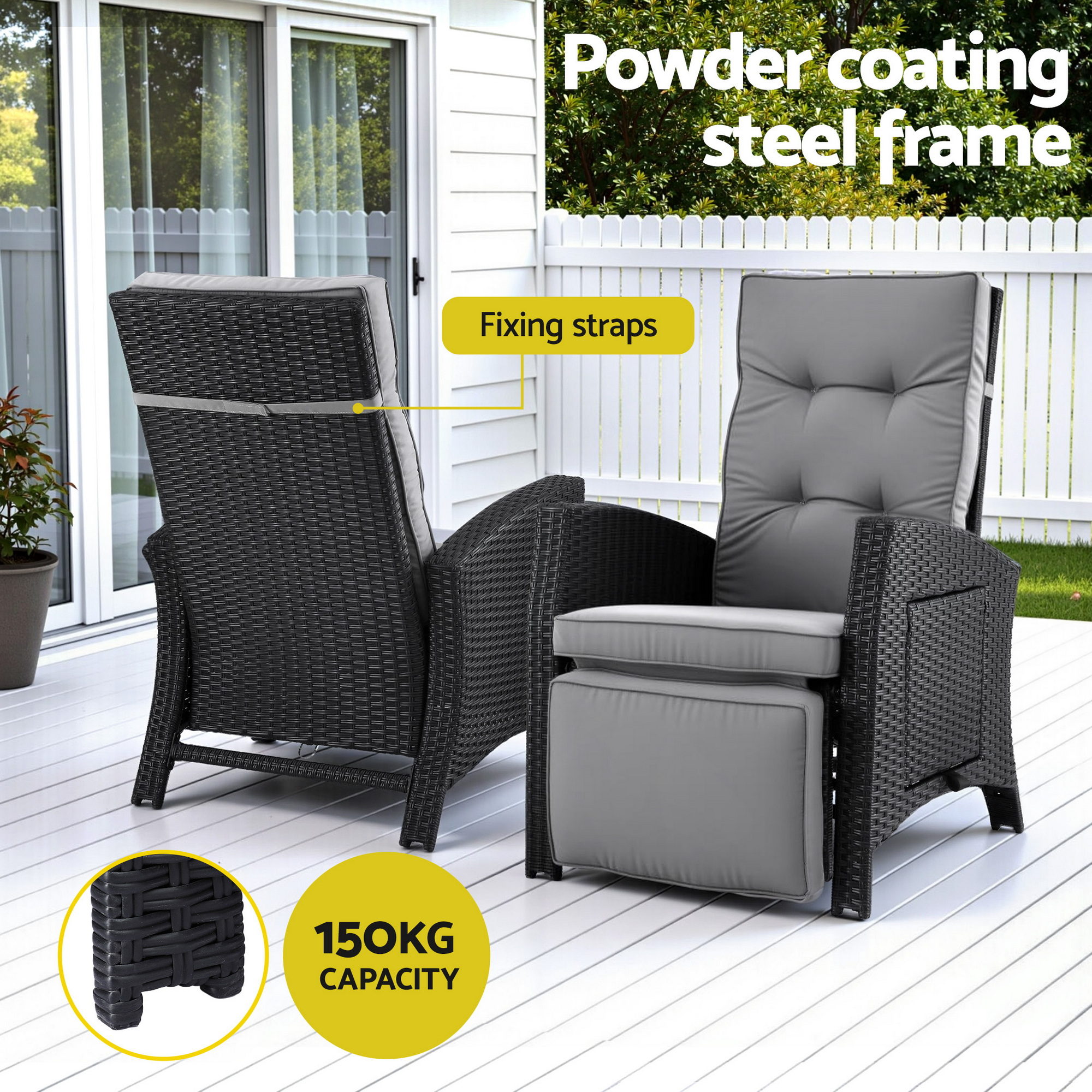 Gardeon Outdoor Recliner Chairs Sun lounge Wicker Lounger Patio Furniture Adjustable Black - Image 6