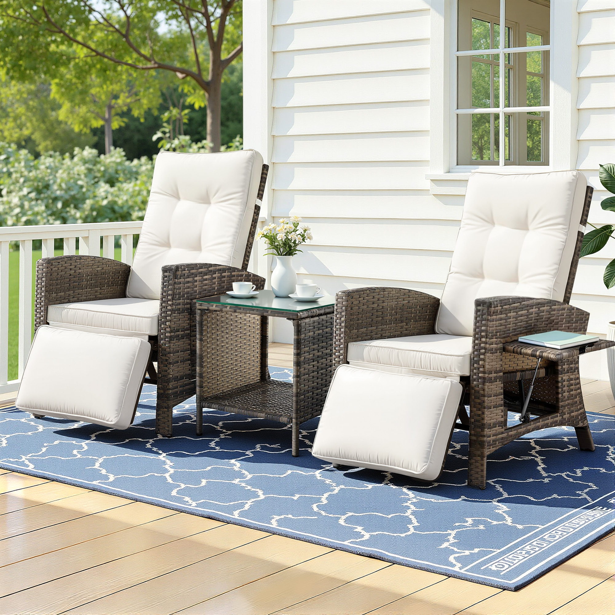 Gardeon 3PC Outdoor Bistro Set Recliner Chairs Table Sun lounge Patio Furniture Wicker Adjustable - Image 1