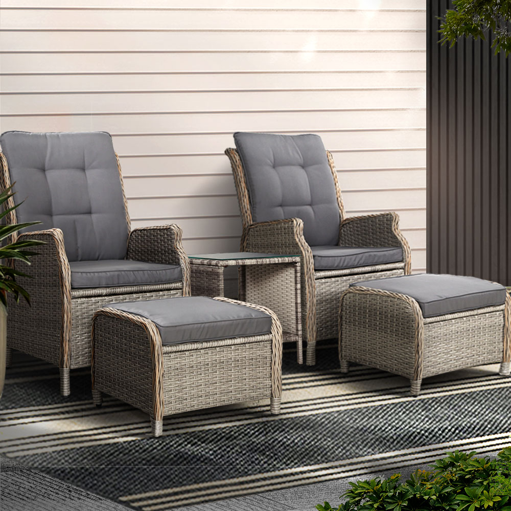 Gardeon 5PC Recliner Chairs Table Sun lounge Wicker Outdoor Furniture Adjustable Grey - Image 1