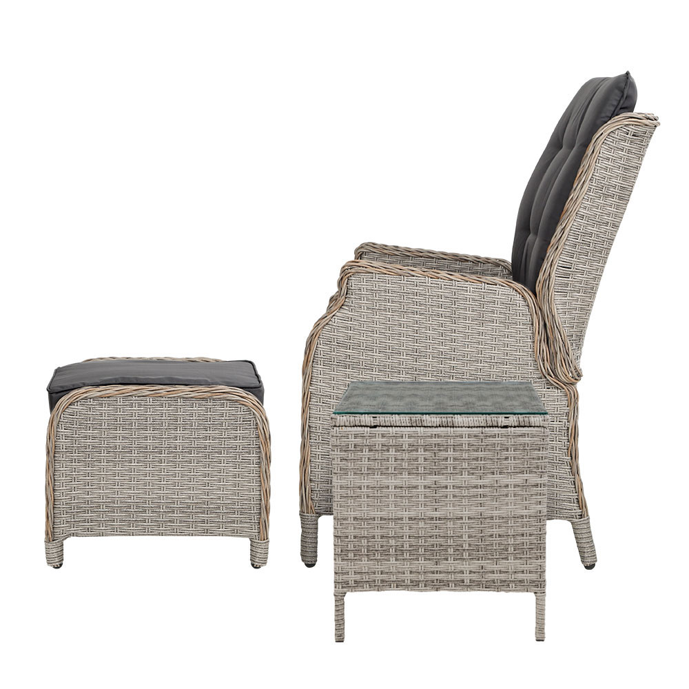 Gardeon 5PC Recliner Chairs Table Sun lounge Wicker Outdoor Furniture Adjustable Grey - Image 5